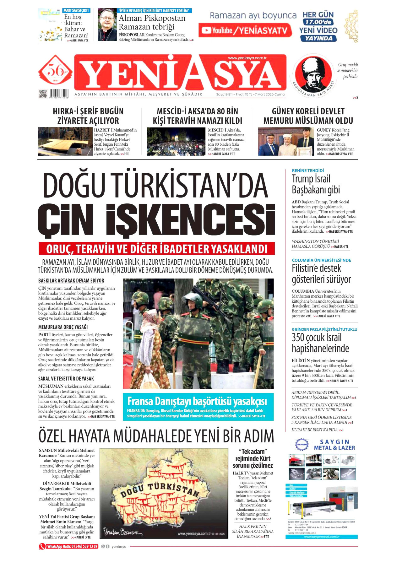 YENİ ASYA gazetesinin 7 Mart 2025 tarihli birinci sayfası