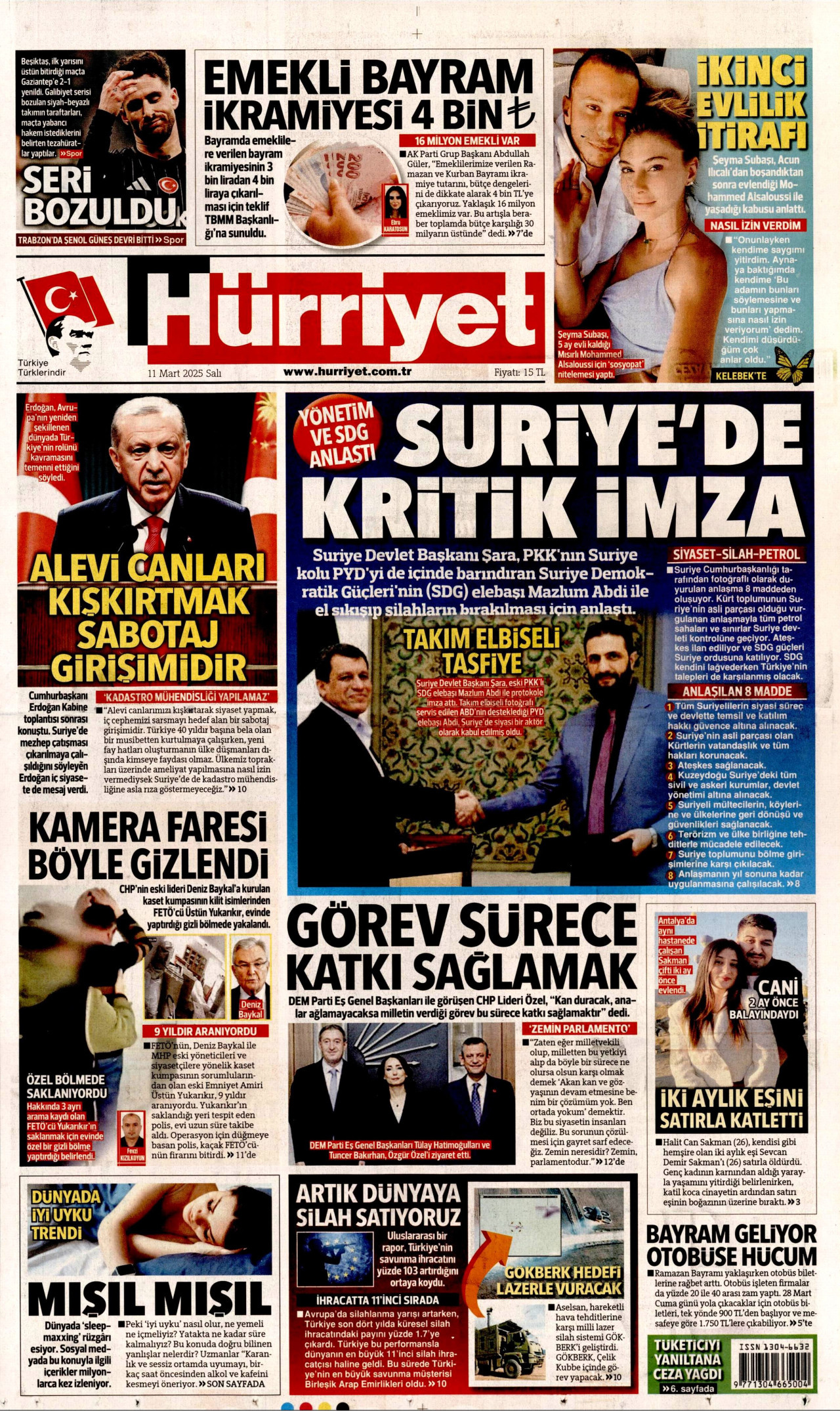 HÜRRİYET gazetesinin 11 Mart 2025 tarihli birinci sayfası