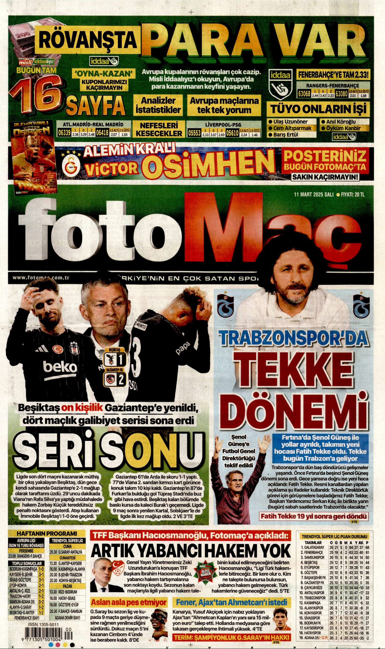FOTOMAÇ gazetesinin 11 Mart 2025 tarihli birinci sayfası