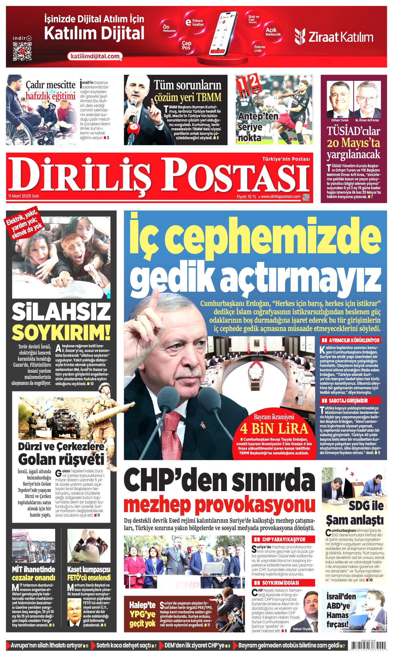 DİRİLİŞ POSTASI gazetesinin 11 Mart 2025 tarihli birinci sayfası