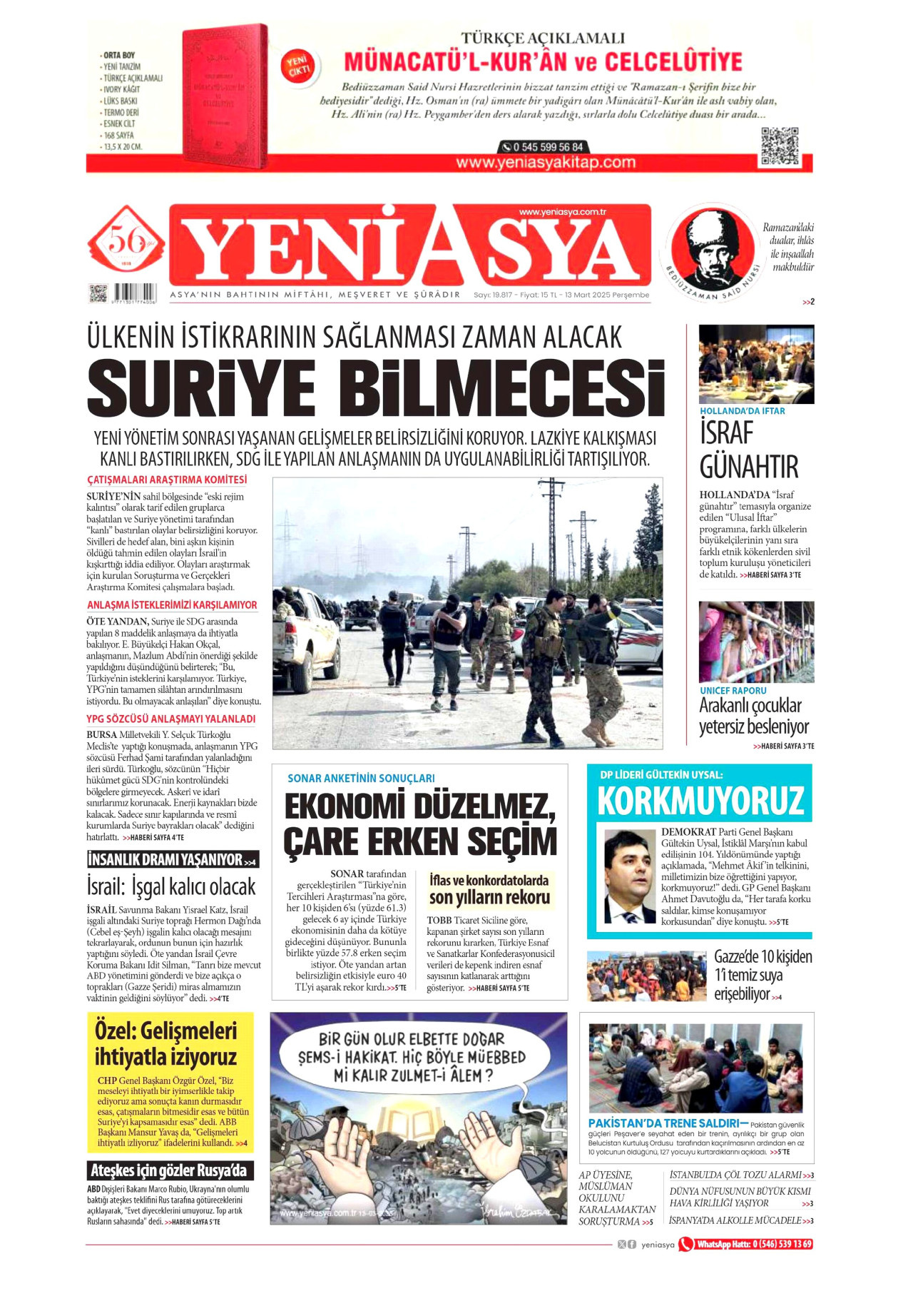 YENİ ASYA gazetesinin 13 Mart 2025 tarihli birinci sayfası