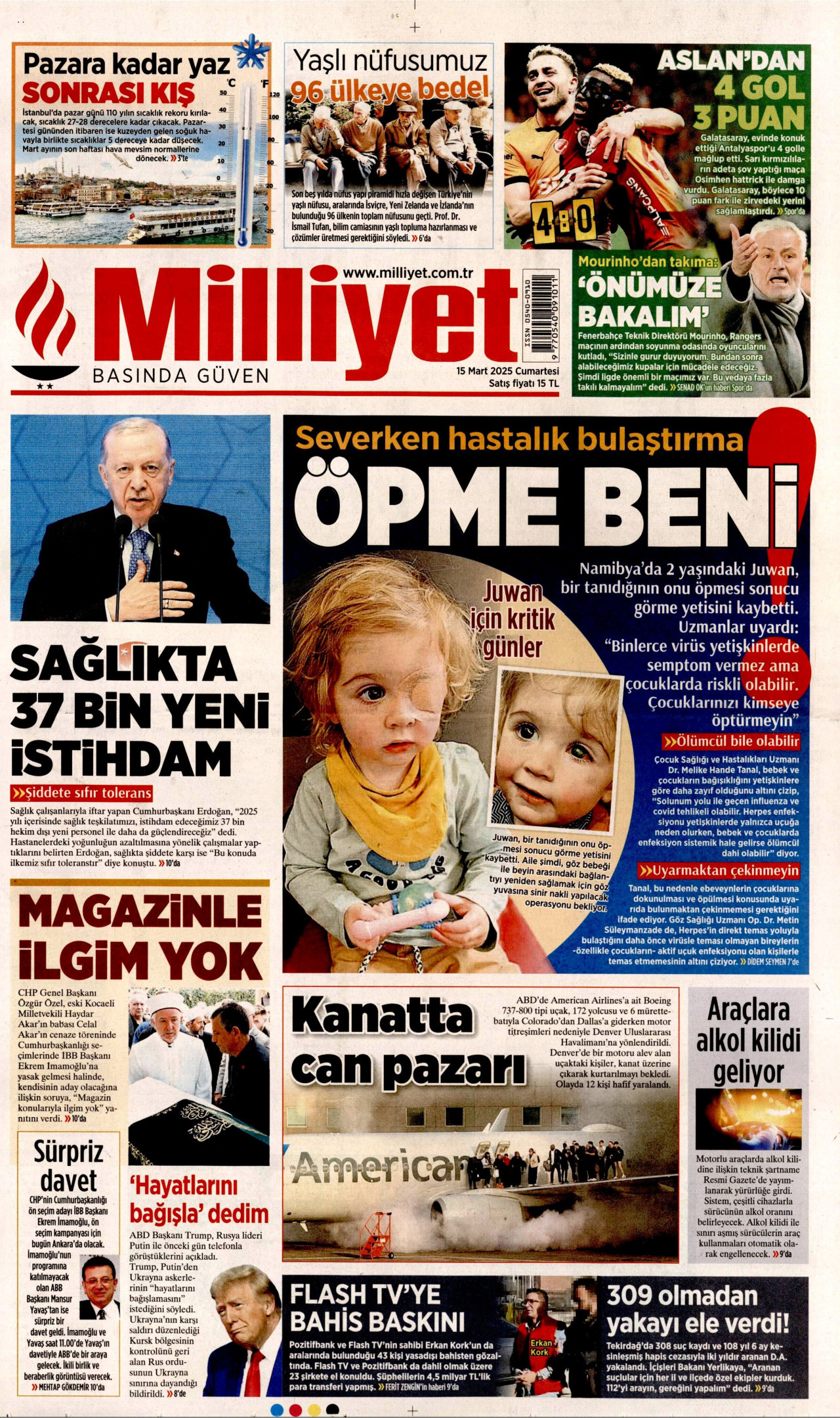 MİLLİYET gazetesinin 15 Mart 2025 tarihli birinci sayfası