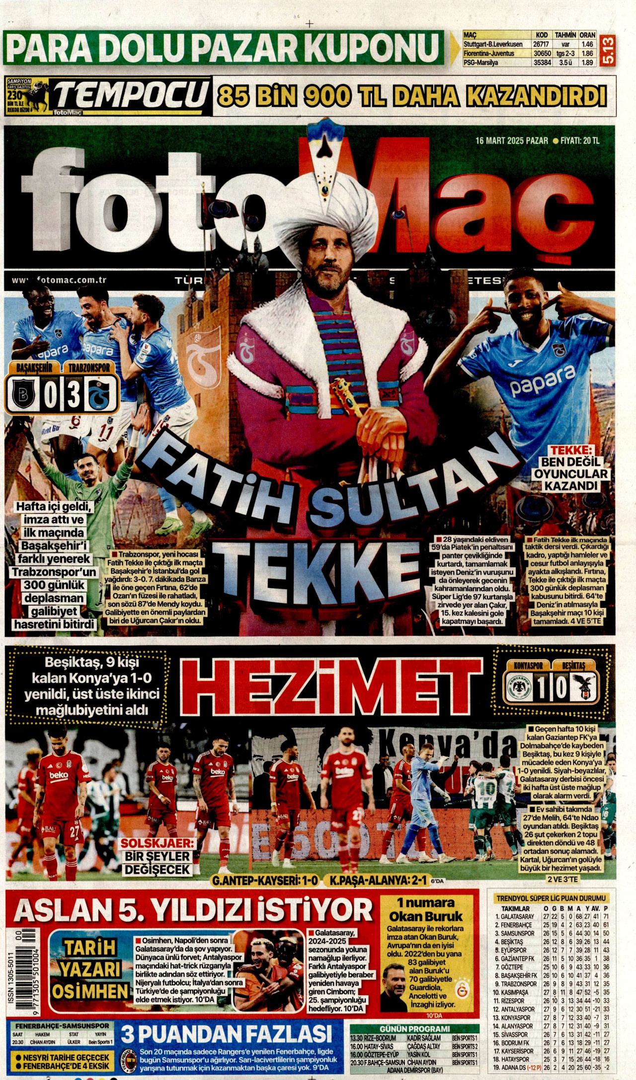 FOTOMAÇ gazetesinin 16 Mart 2025 tarihli birinci sayfası