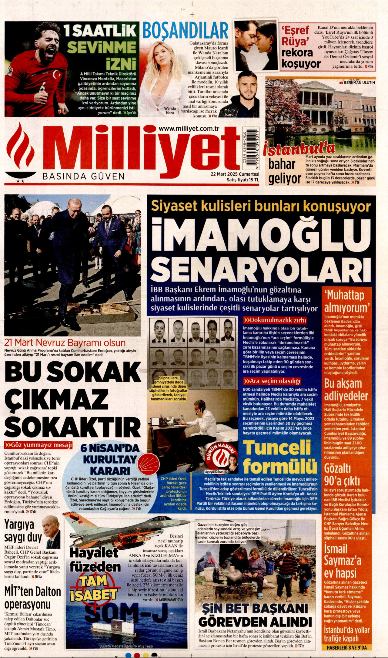MİLLİYET gazetesinin 22 Mart 2025 tarihli birinci sayfası