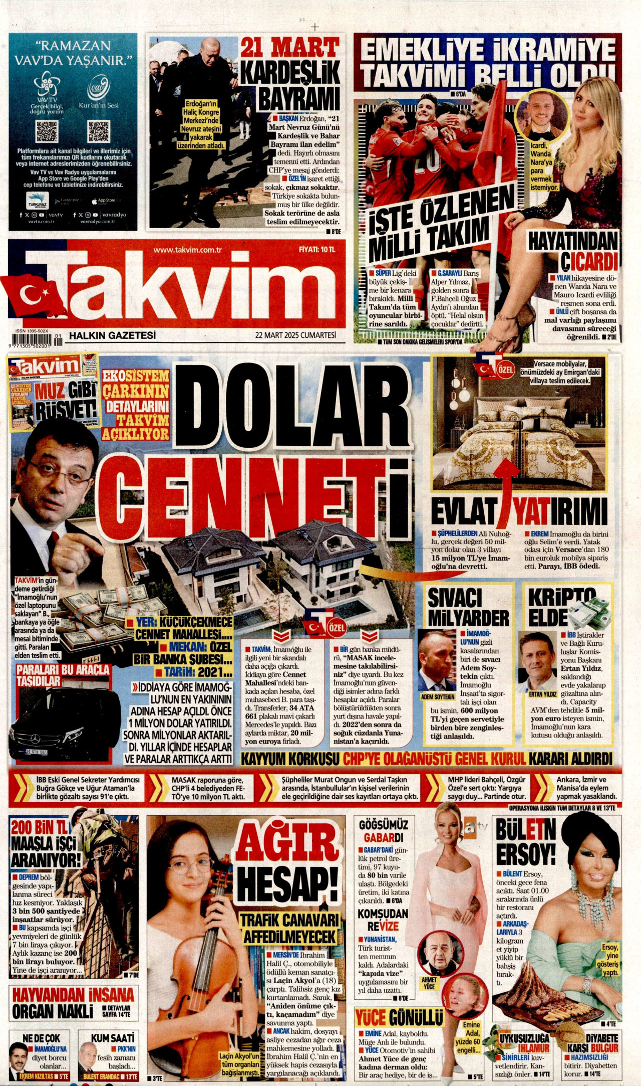 TAKVİM gazetesinin 22 Mart 2025 tarihli birinci sayfası
