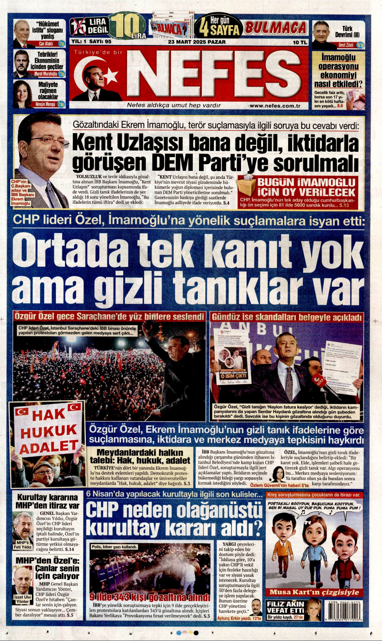 NEFES gazetesinin 23 Mart 2025 tarihli birinci sayfası