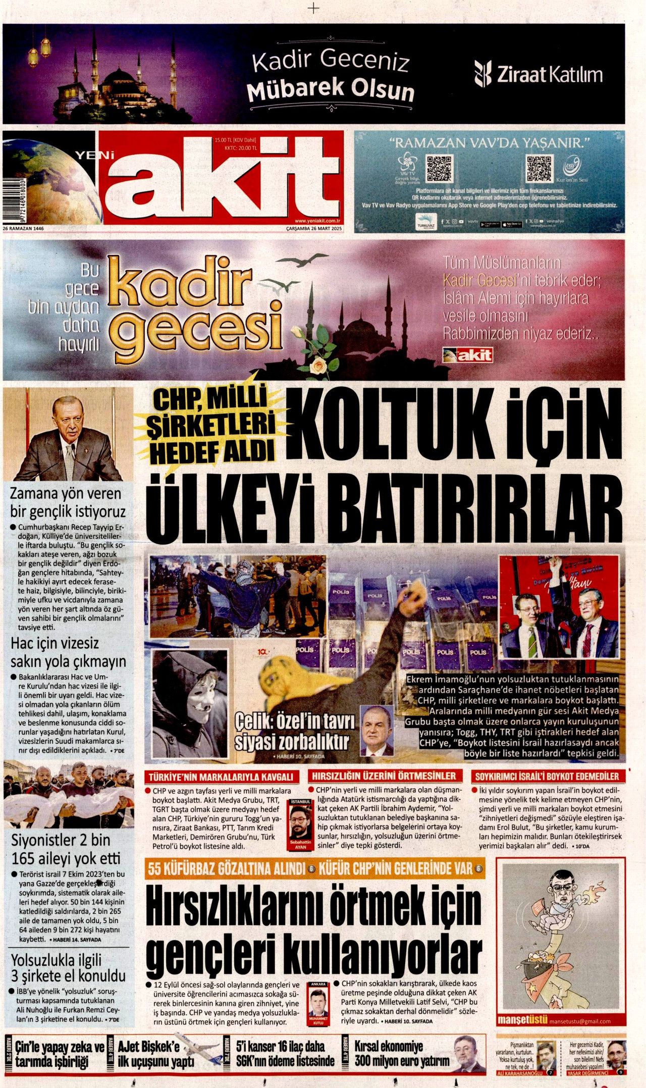 YENİ AKİT gazetesinin 26 Mart 2025 tarihli birinci sayfası