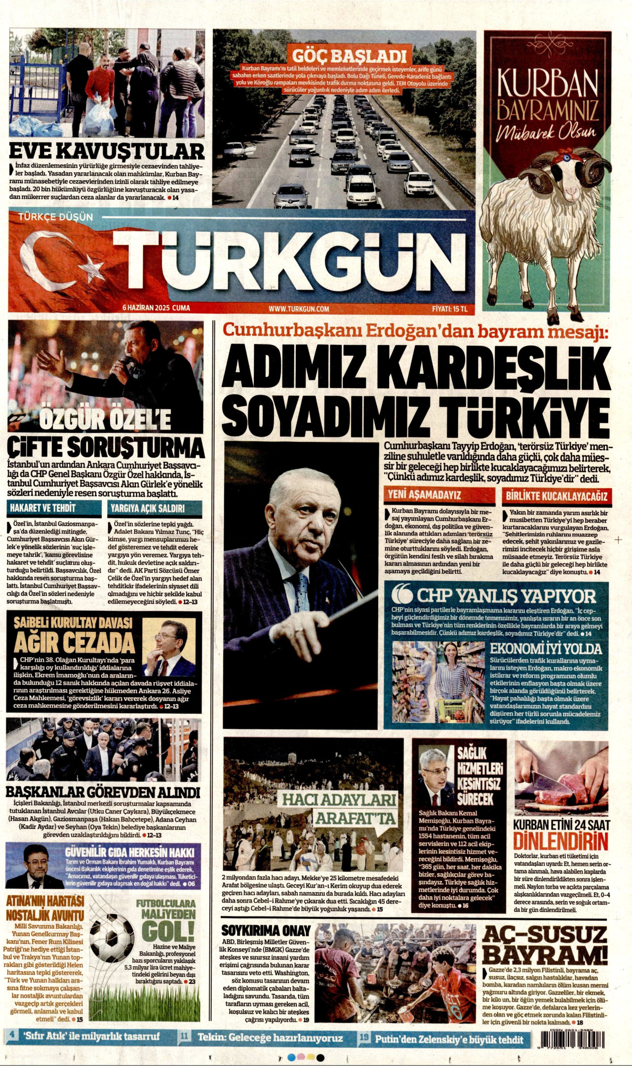 TÜRKGÜN gazetesinin 6 Haziran 2025 tarihli birinci sayfası