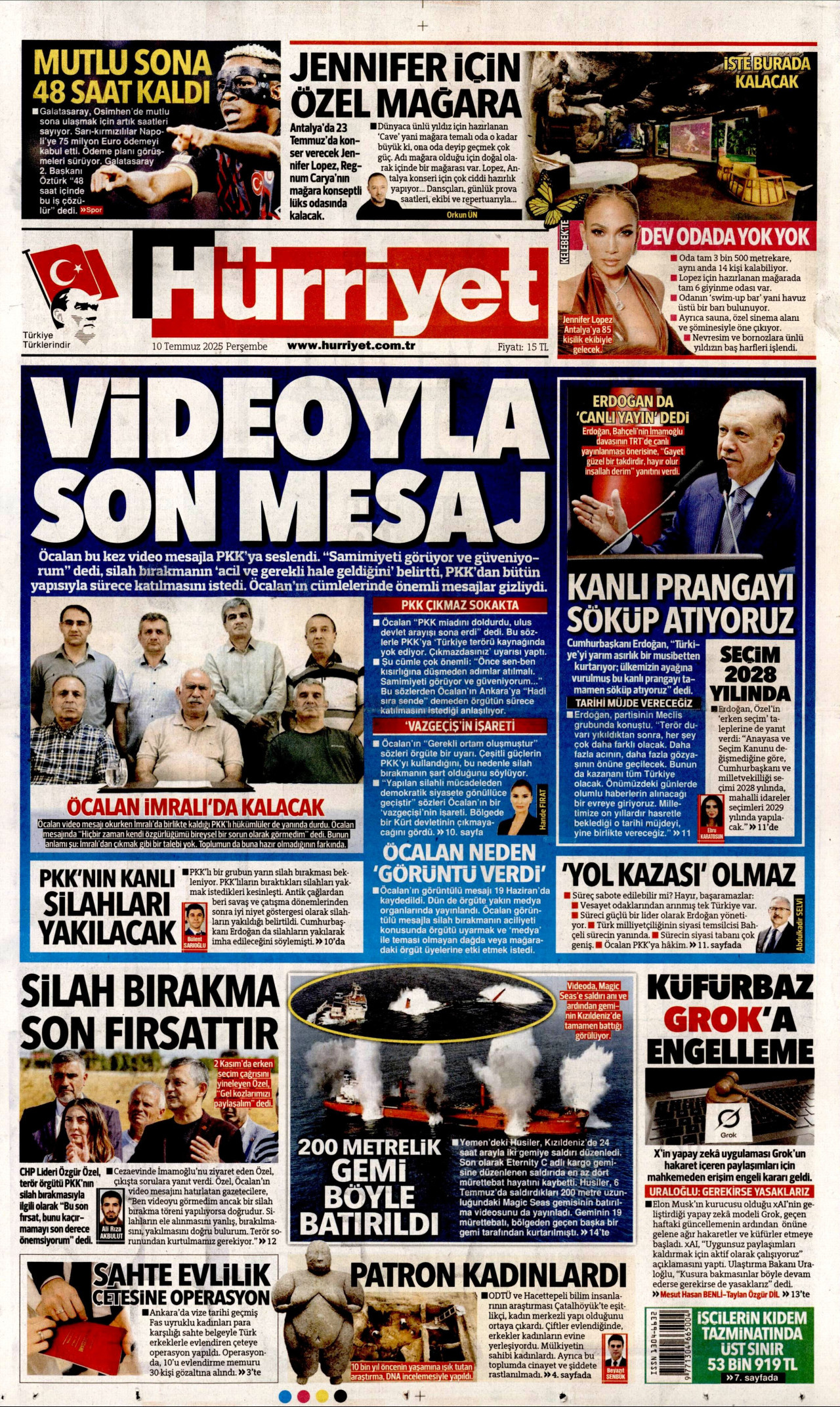 HÜRRİYET gazetesinin 10 Temmuz 2025 tarihli birinci sayfası