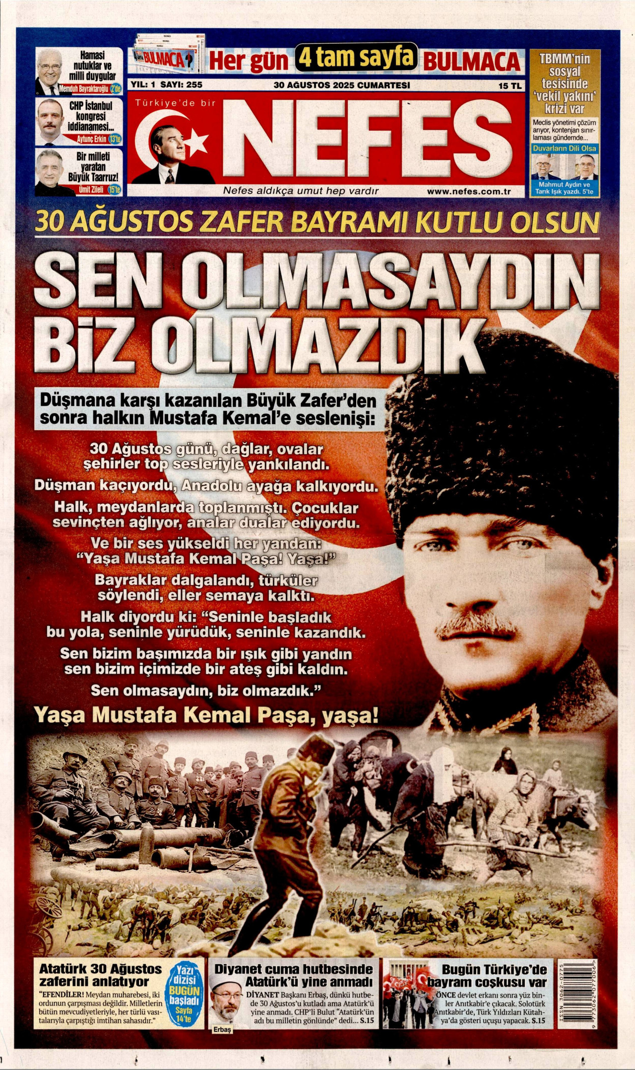 NEFES gazetesinin 30 Ağustos 2025 tarihli birinci sayfası