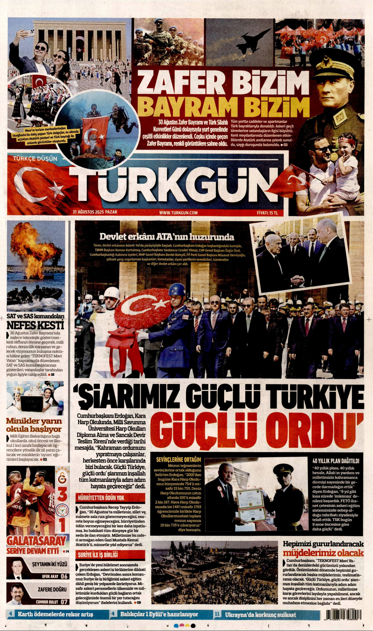 TÜRKGÜN gazetesinin 31 Ağustos 2025 tarihli birinci sayfası