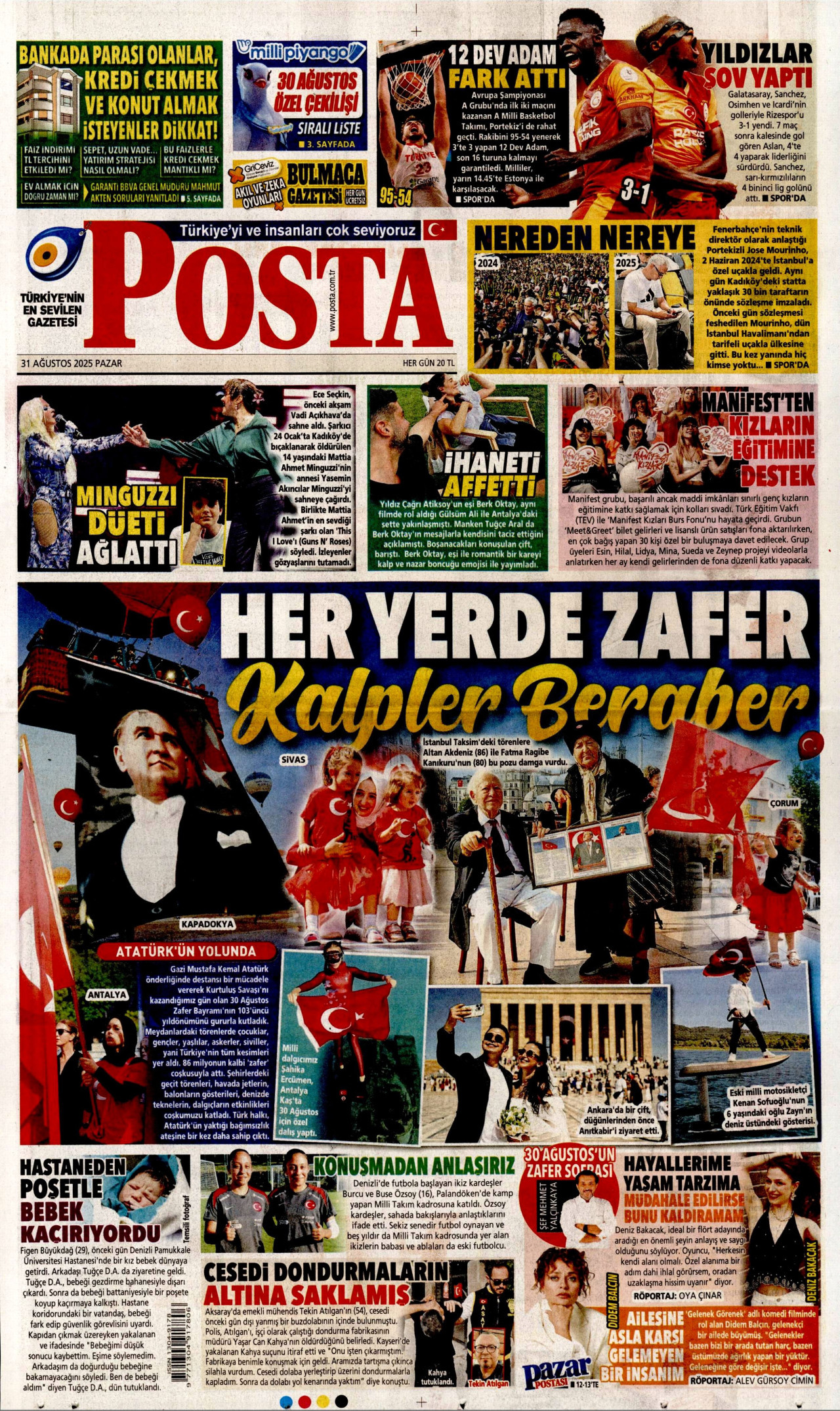 POSTA gazetesinin 31 Ağustos 2025 tarihli birinci sayfası