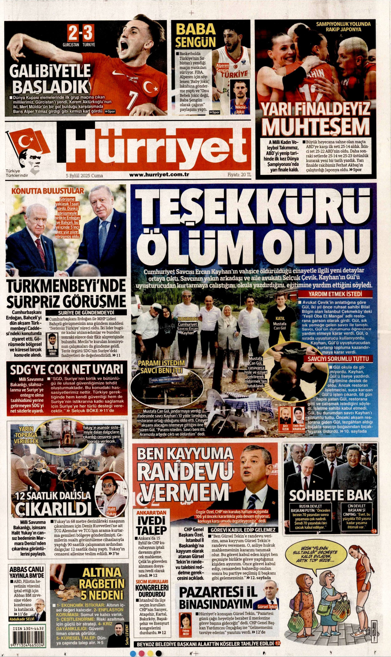 HÜRRİYET gazetesinin 5 Eylül 2025 tarihli birinci sayfası