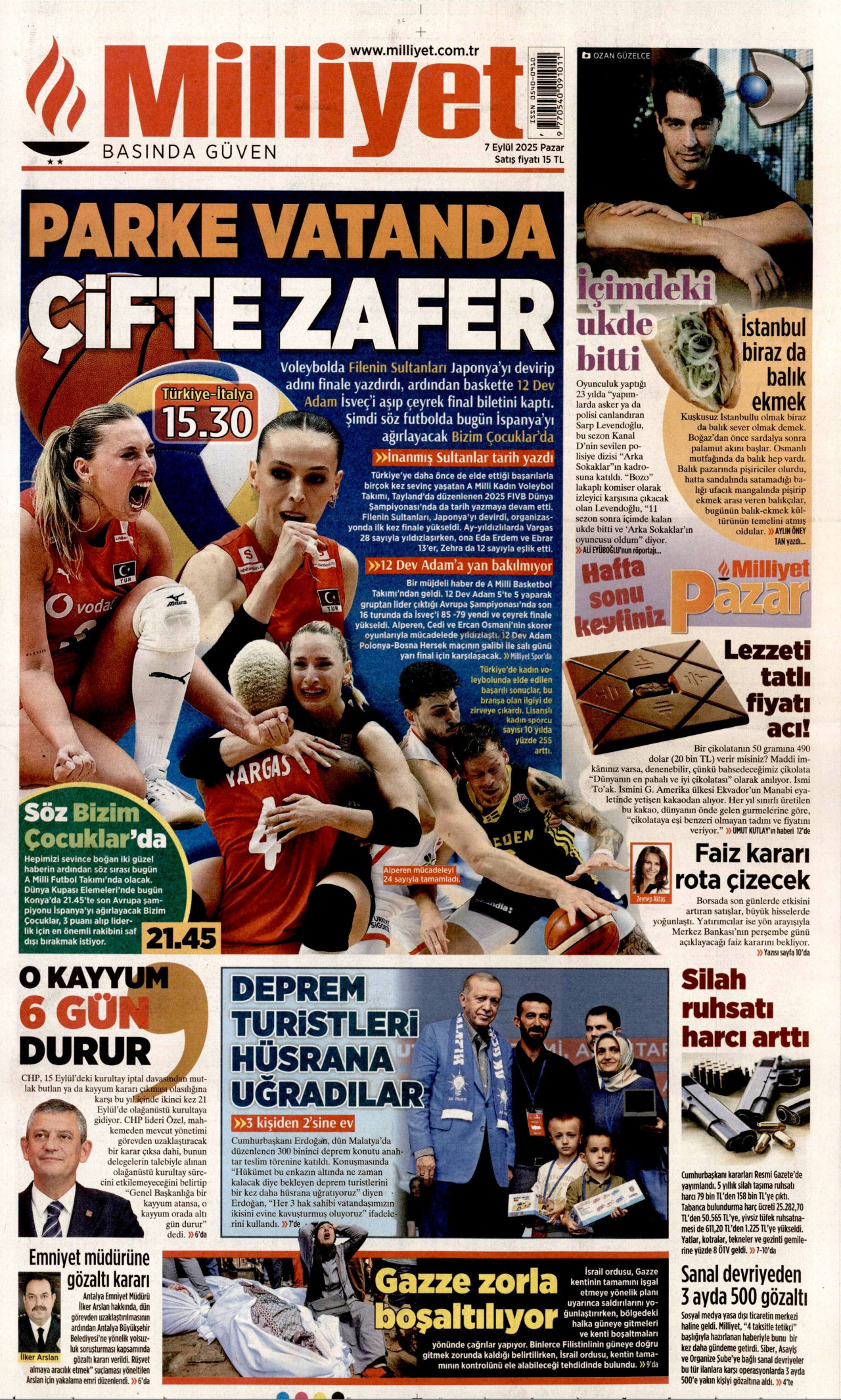 MİLLİYET gazetesinin 7 Eylül 2025 tarihli birinci sayfası