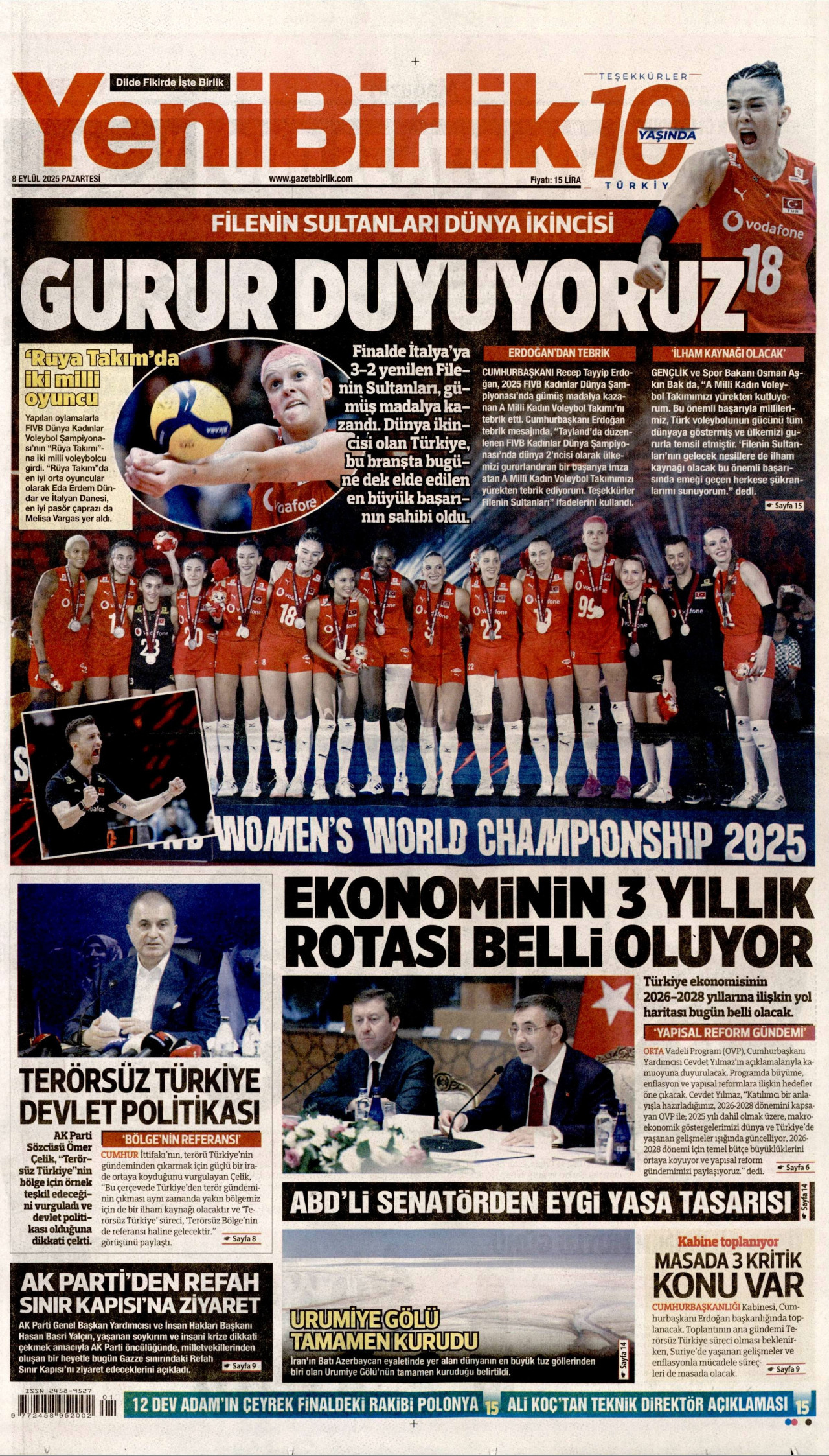 YENİBİRLİK gazetesinin 8 Eylül 2025 tarihli birinci sayfası
