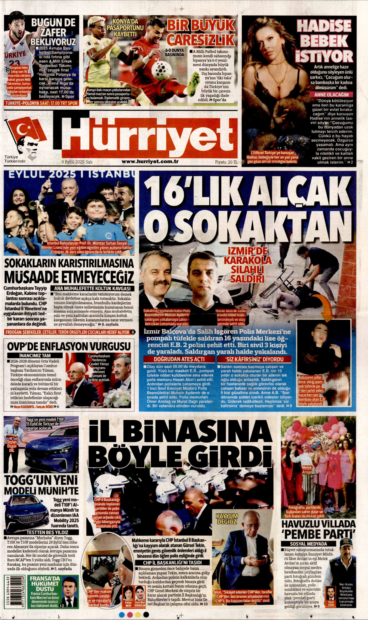 HÜRRİYET gazetesinin 9 Eylül 2025 tarihli birinci sayfası