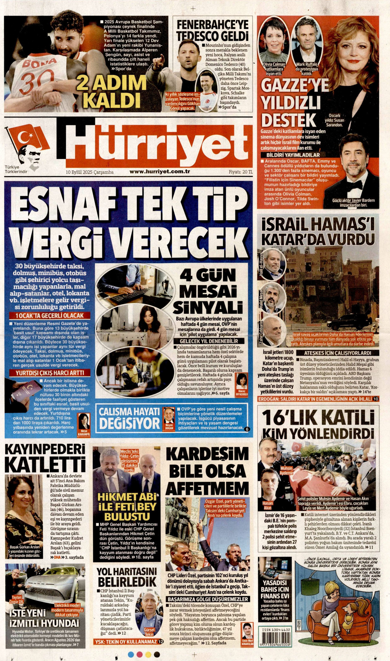 HÜRRİYET gazetesinin 10 Eylül 2025 tarihli birinci sayfası
