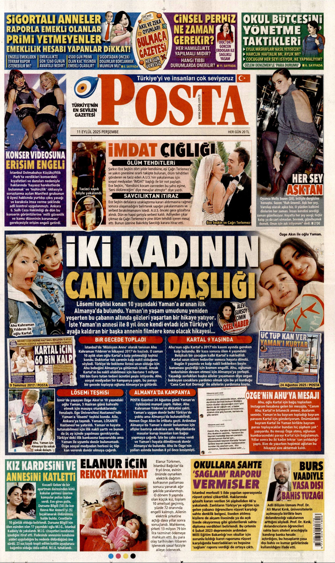 POSTA gazetesinin 11 Eylül 2025 tarihli birinci sayfası