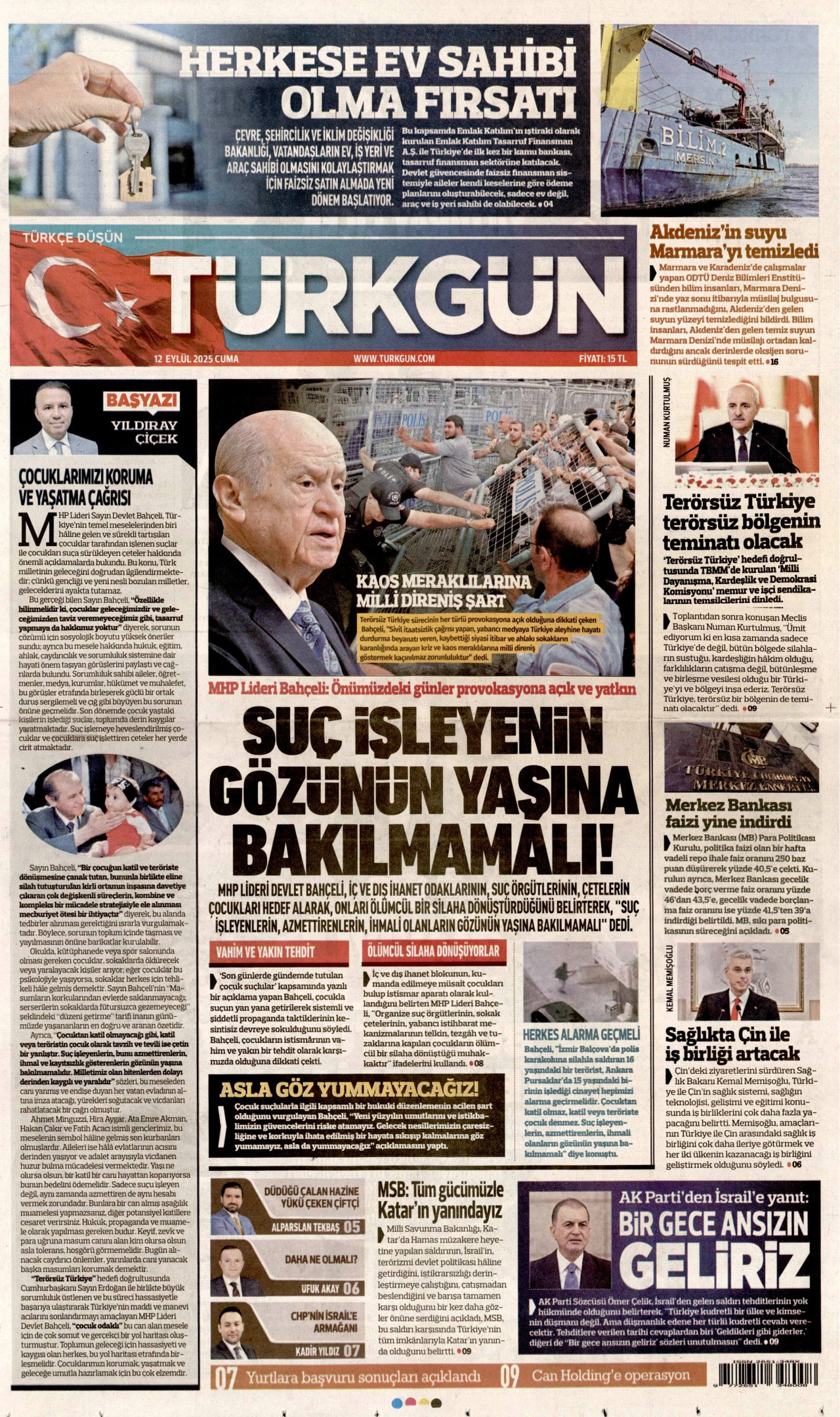 TÜRKGÜN gazetesinin 12 Eylül 2025 tarihli birinci sayfası