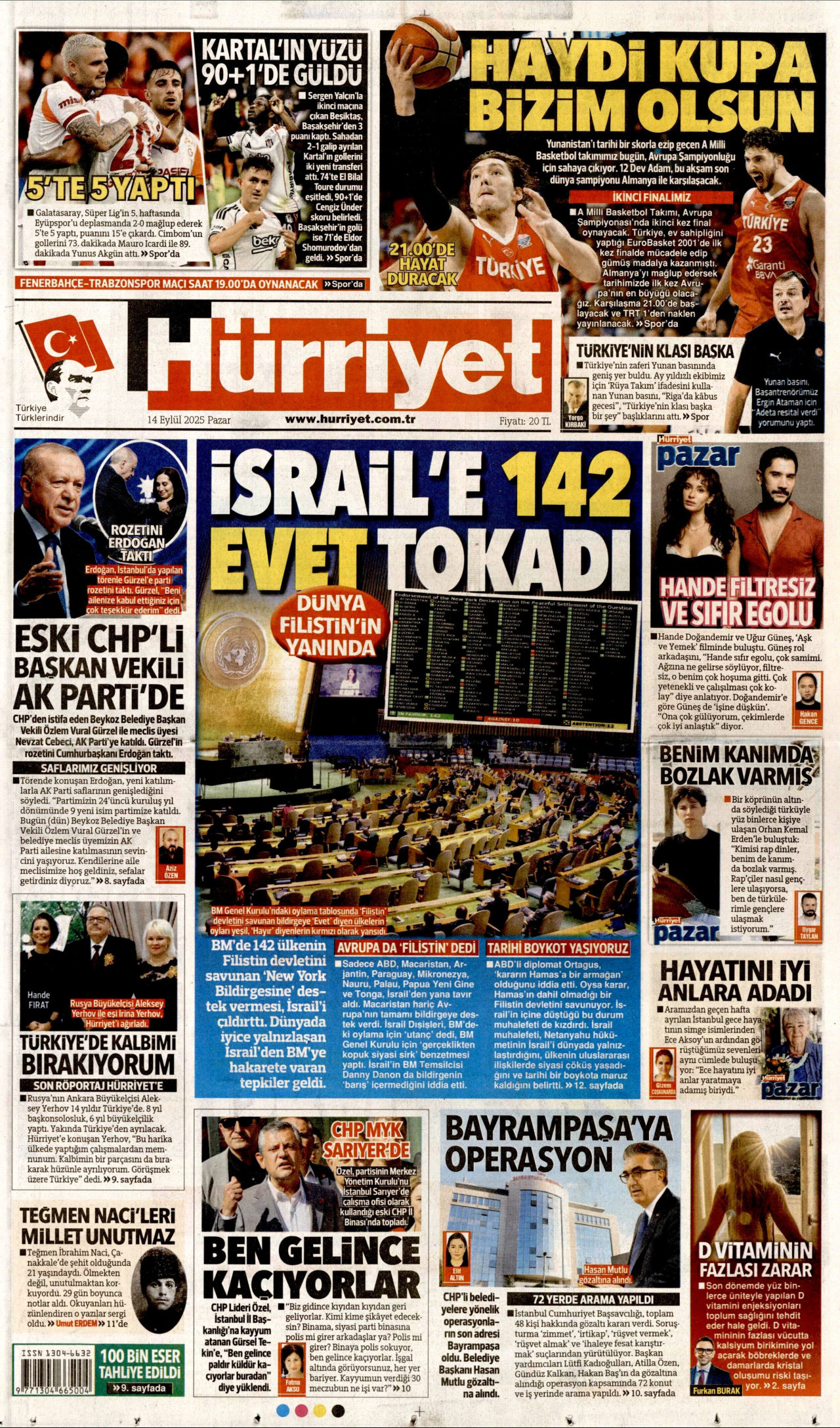 HÜRRİYET gazetesinin 14 Eylül 2025 tarihli birinci sayfası