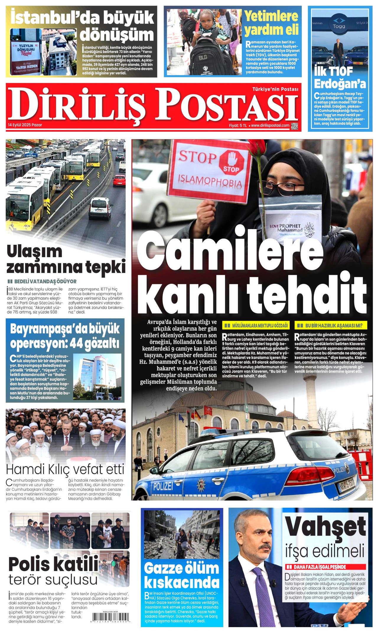 DİRİLİŞ POSTASI gazetesinin 14 Eylül 2025 tarihli birinci sayfası