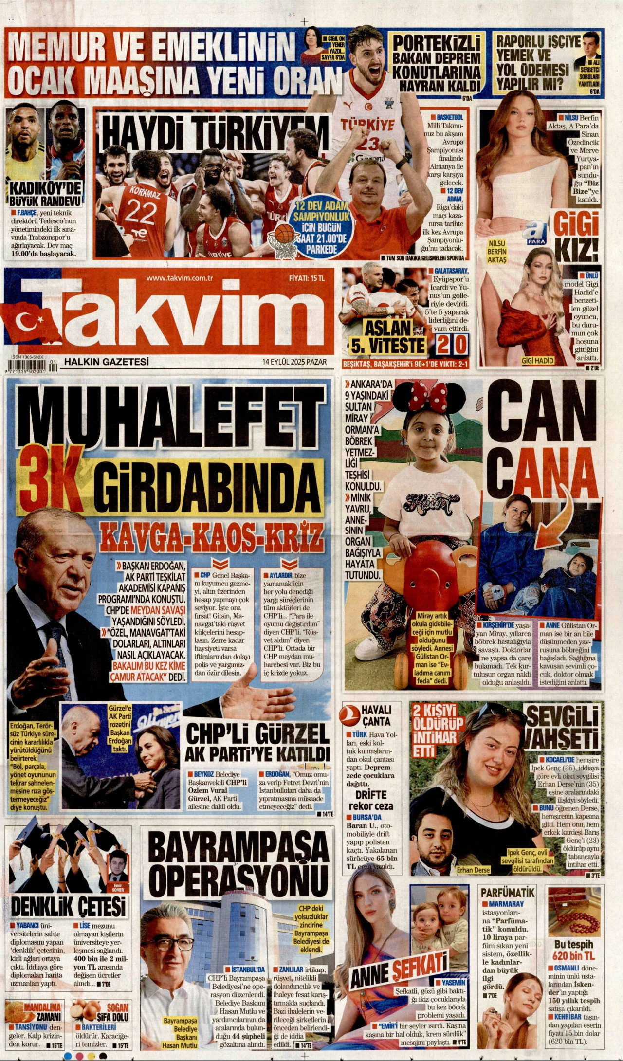 TAKVİM gazetesinin 14 Eylül 2025 tarihli birinci sayfası