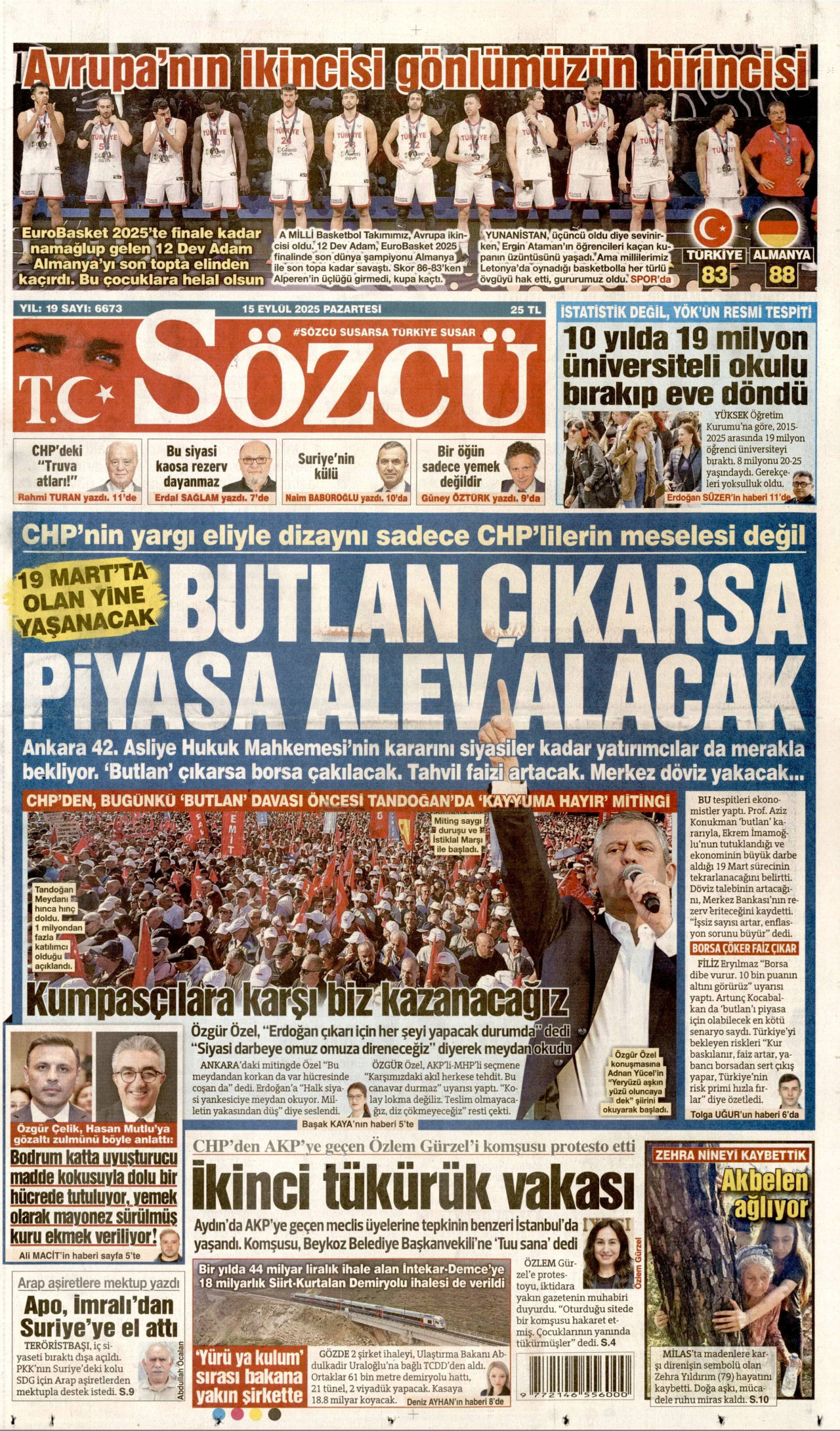 SÖZCÜ gazetesinin 15 Eylül 2025 tarihli birinci sayfası
