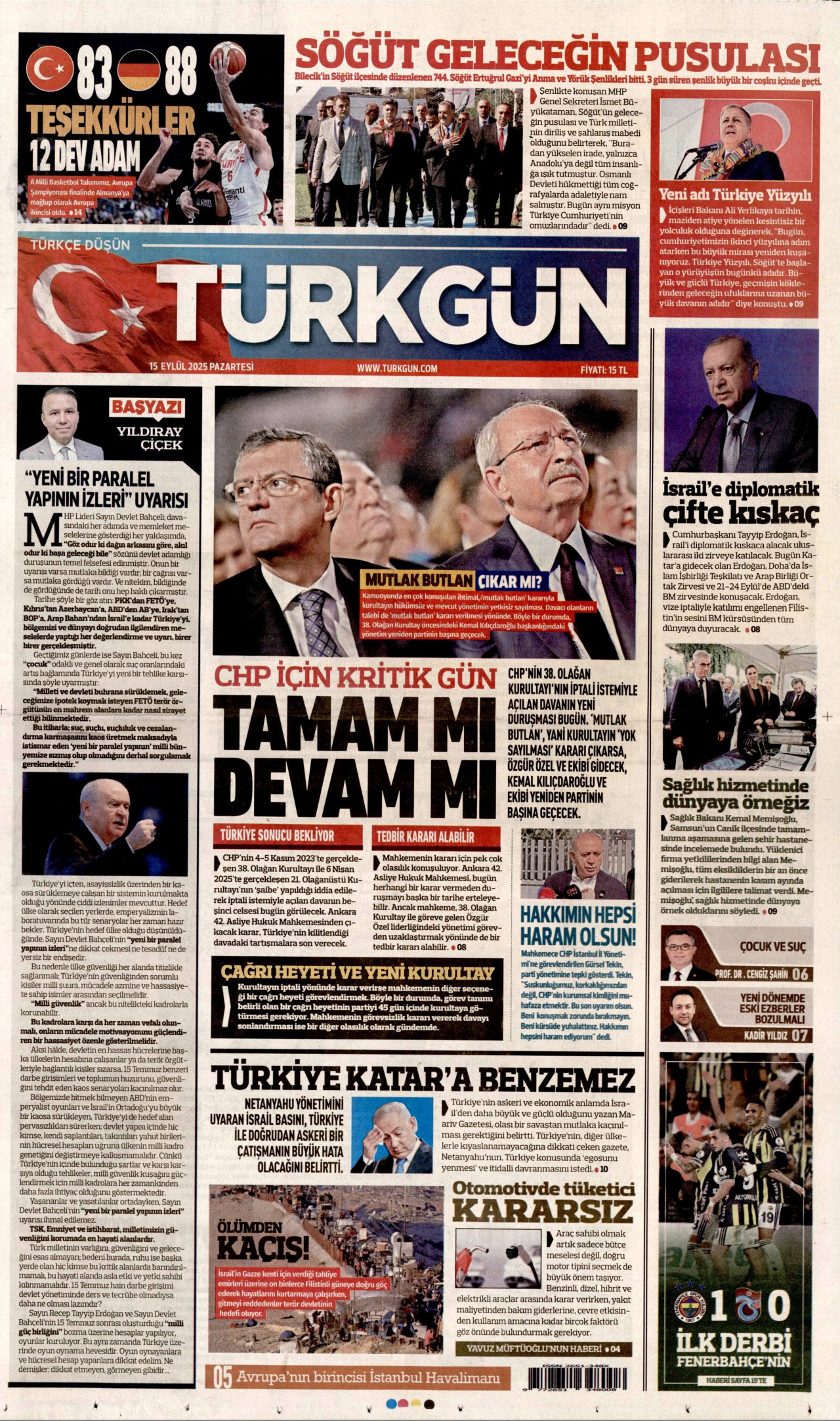 TÜRKGÜN gazetesinin 15 Eylül 2025 tarihli birinci sayfası