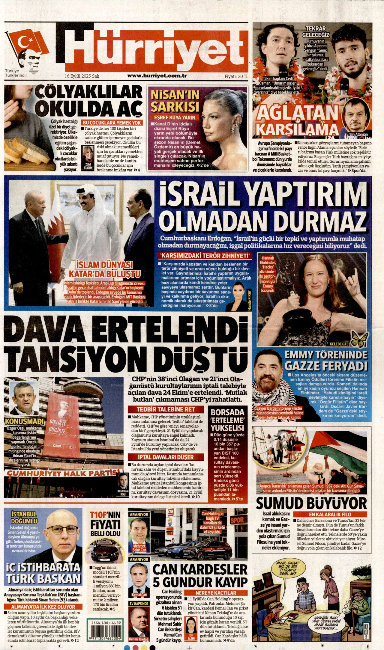 HÜRRİYET gazetesinin 16 Eylül 2025 tarihli birinci sayfası