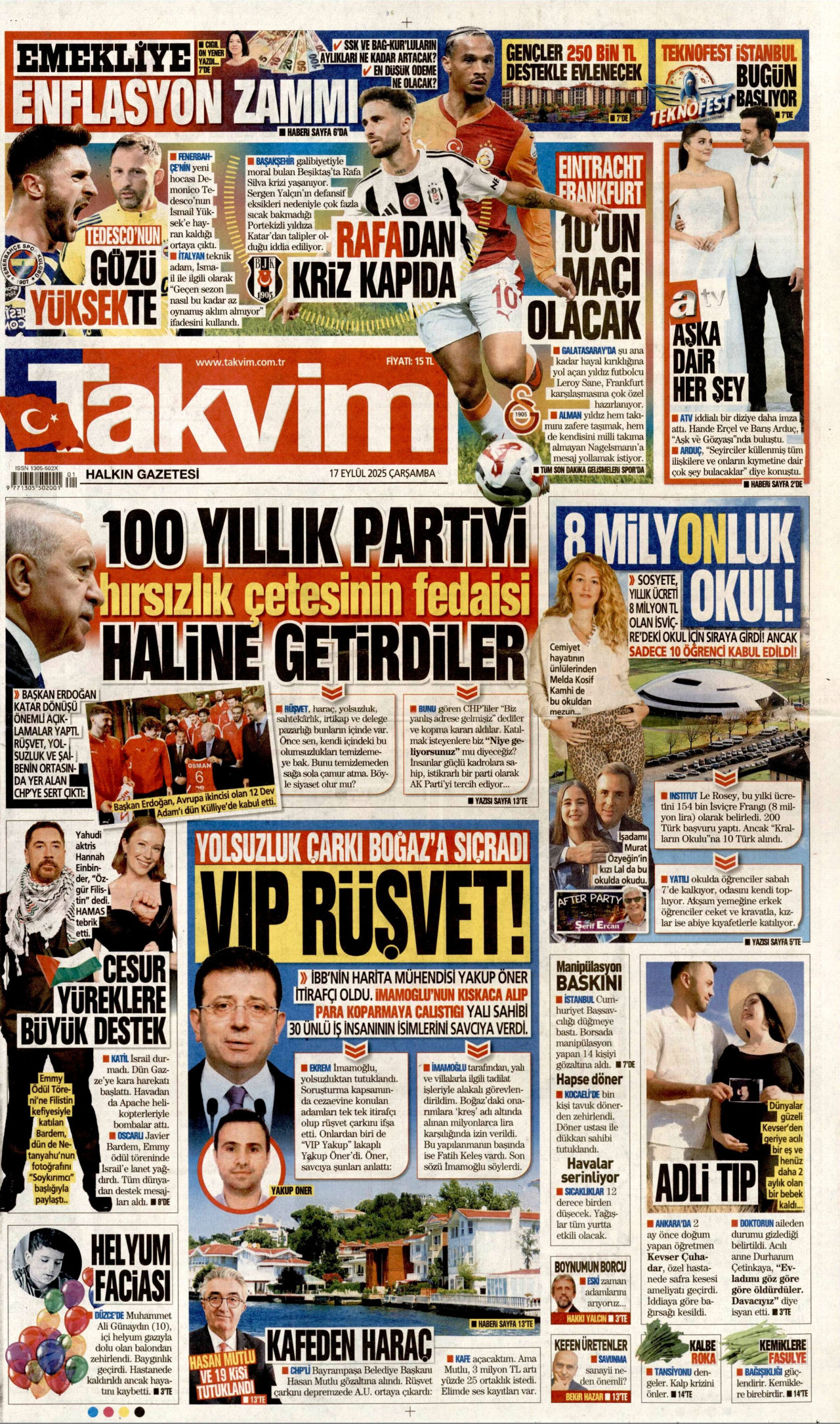 TAKVİM gazetesinin 17 Eylül 2025 tarihli birinci sayfası