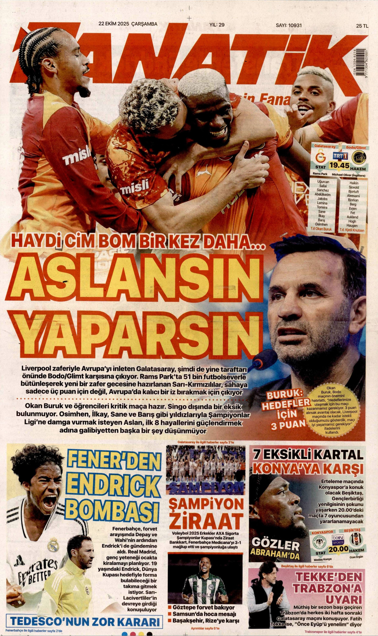 FANATİK gazetesinin 22 Ekim 2025 tarihli birinci sayfası