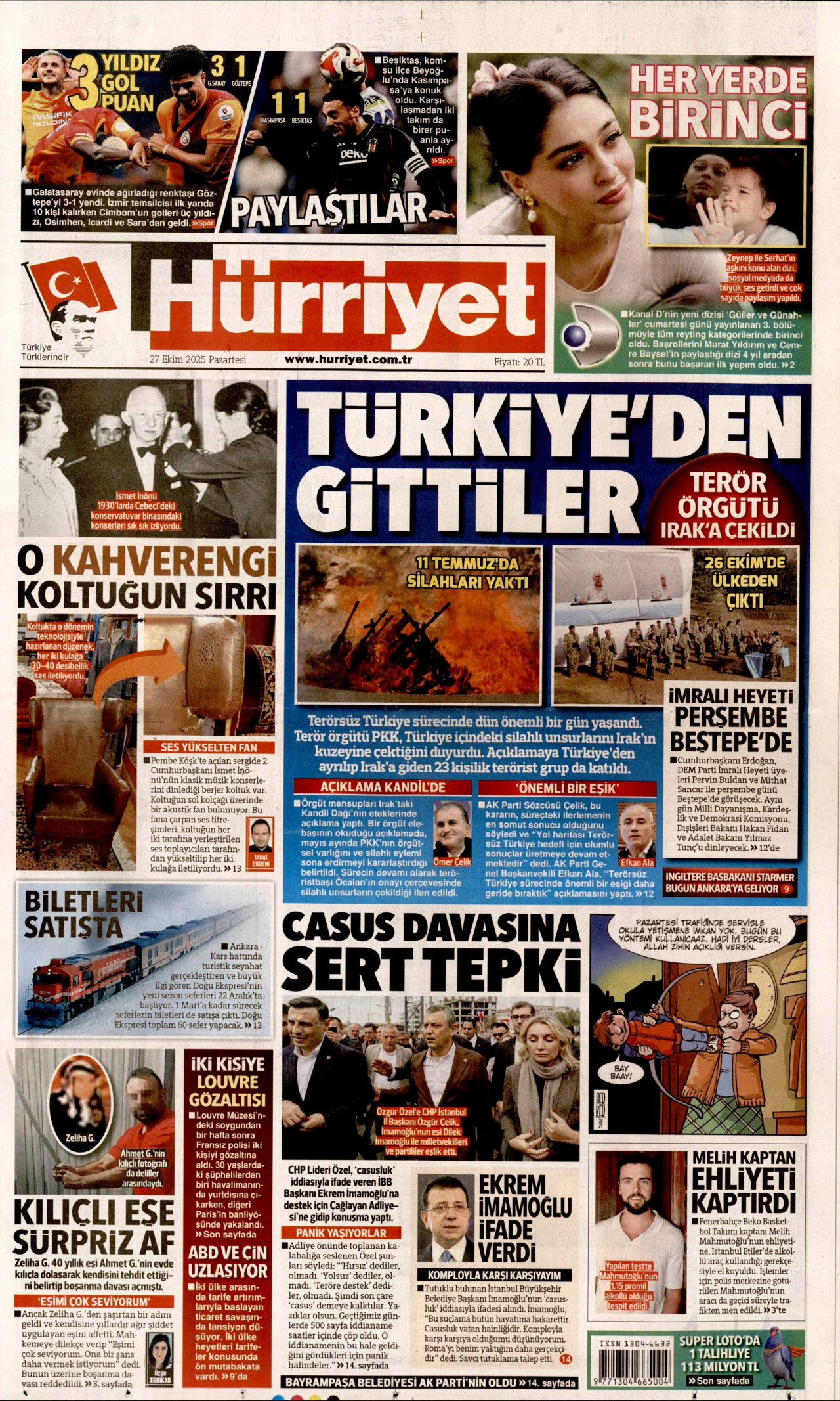 HÜRRİYET gazetesinin 27 Ekim 2025 tarihli birinci sayfası