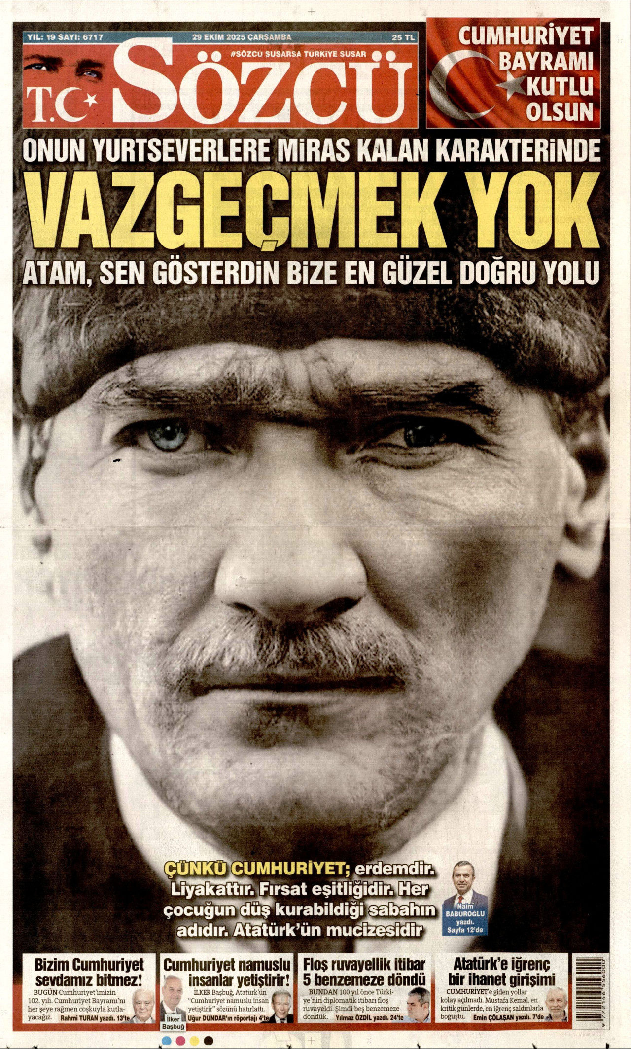 SÖZCÜ gazetesinin 29 Ekim 2025 tarihli birinci sayfası