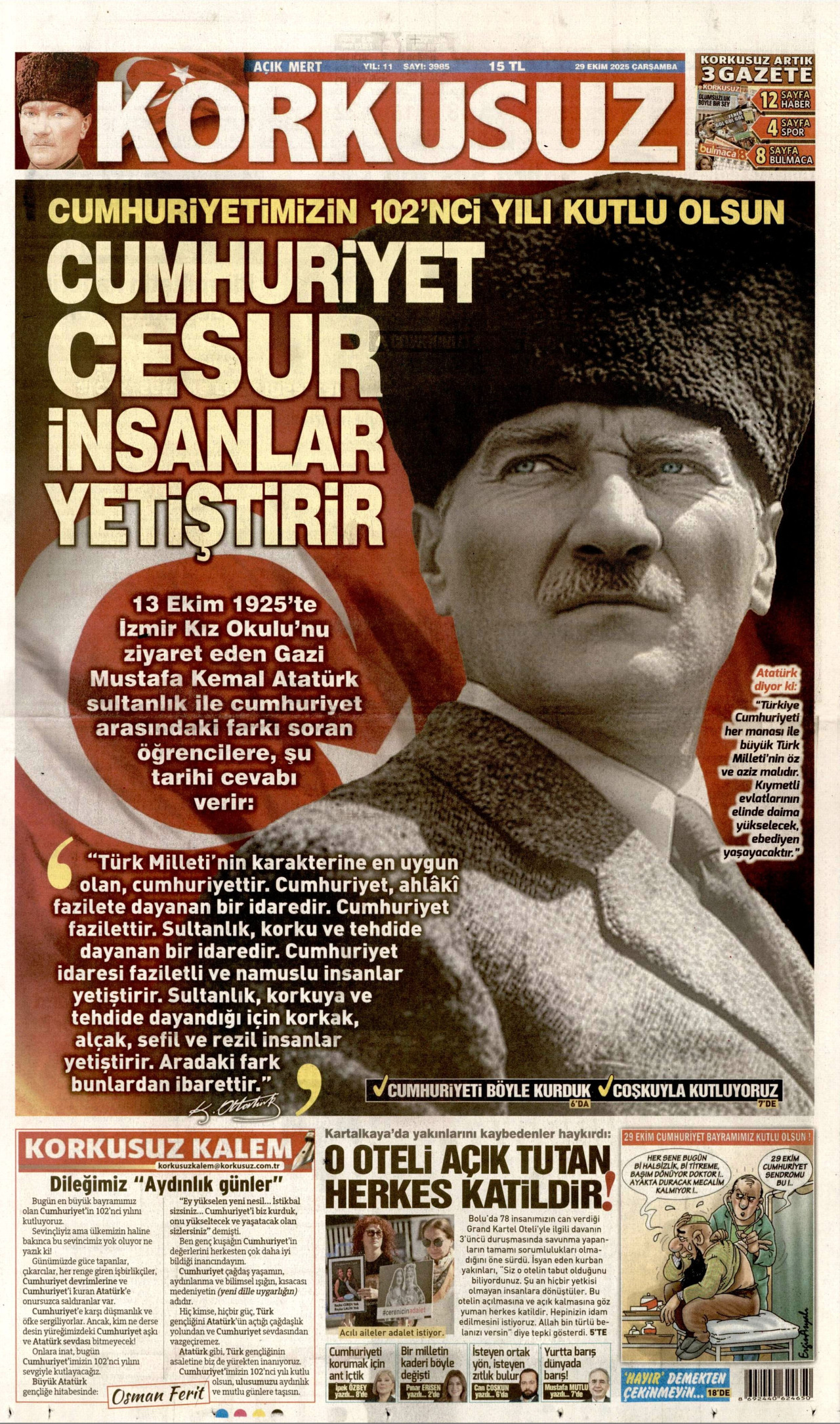 KORKUSUZ gazetesinin 29 Ekim 2025 tarihli birinci sayfası