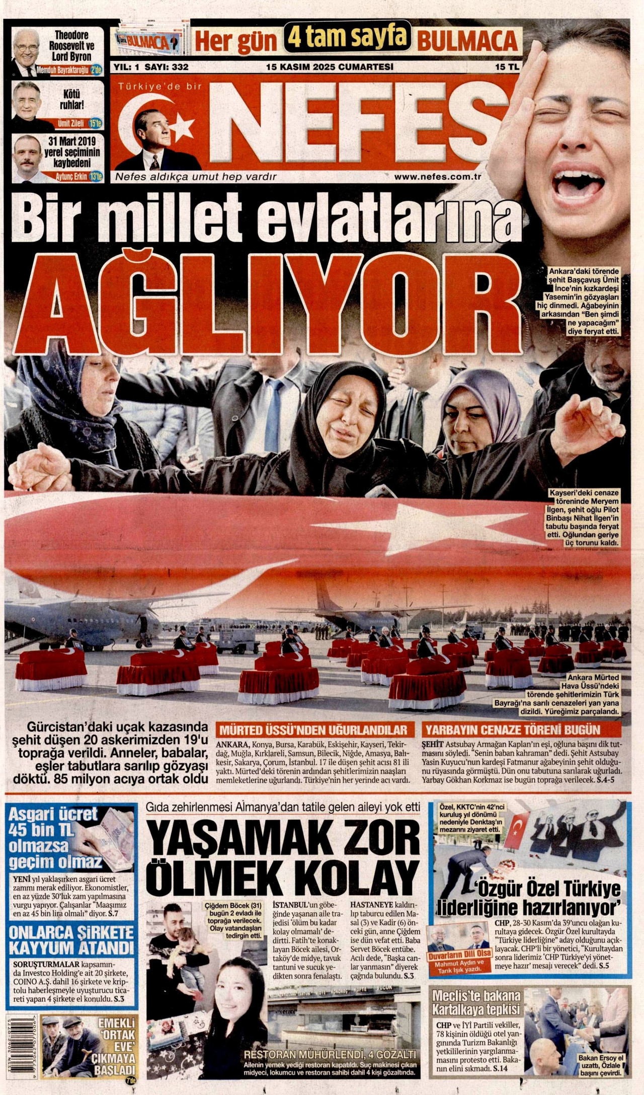 NEFES gazetesinin 15 Kasım 2025 tarihli birinci sayfası