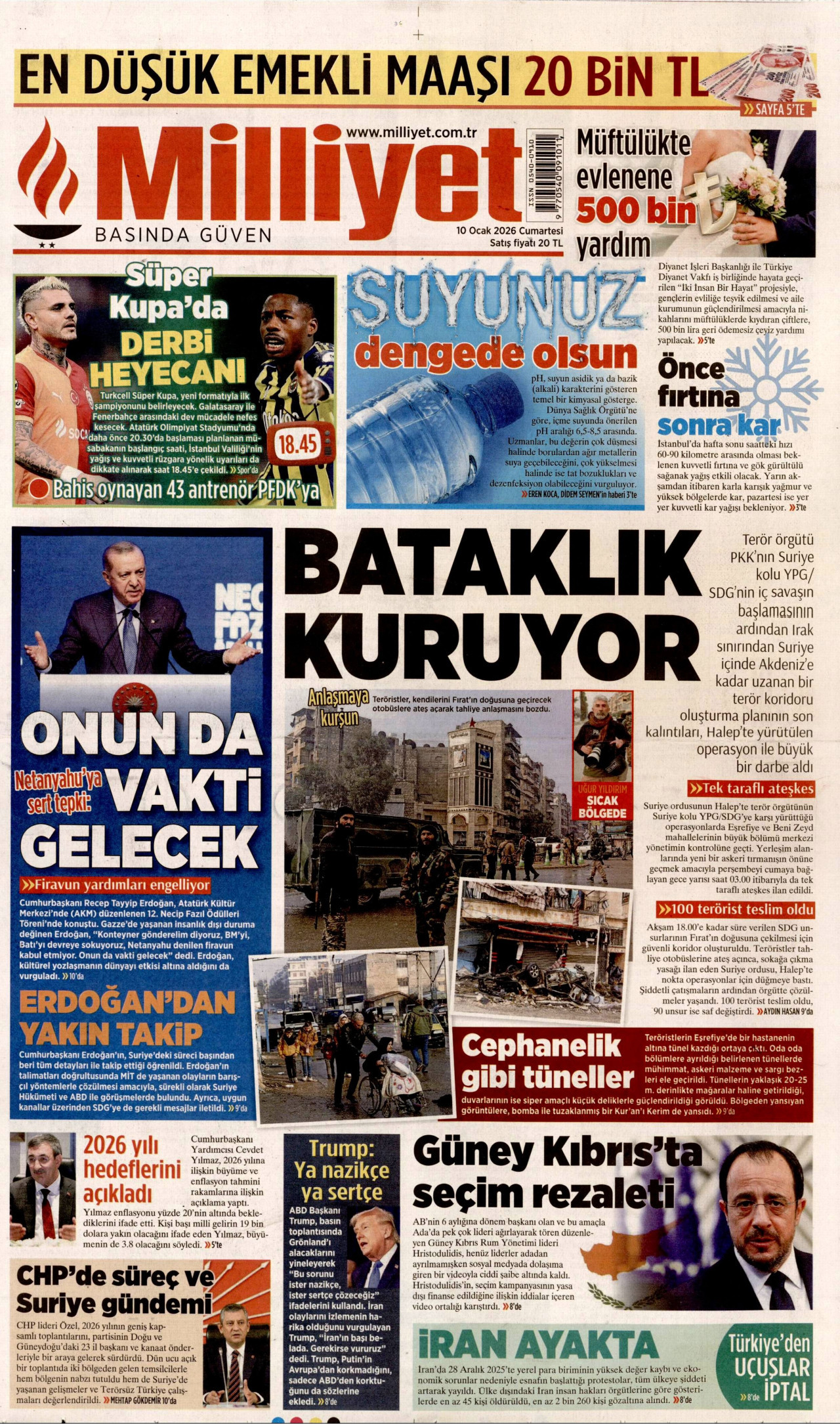 MİLLİYET gazetesinin 10 Ocak 2026 tarihli birinci sayfası