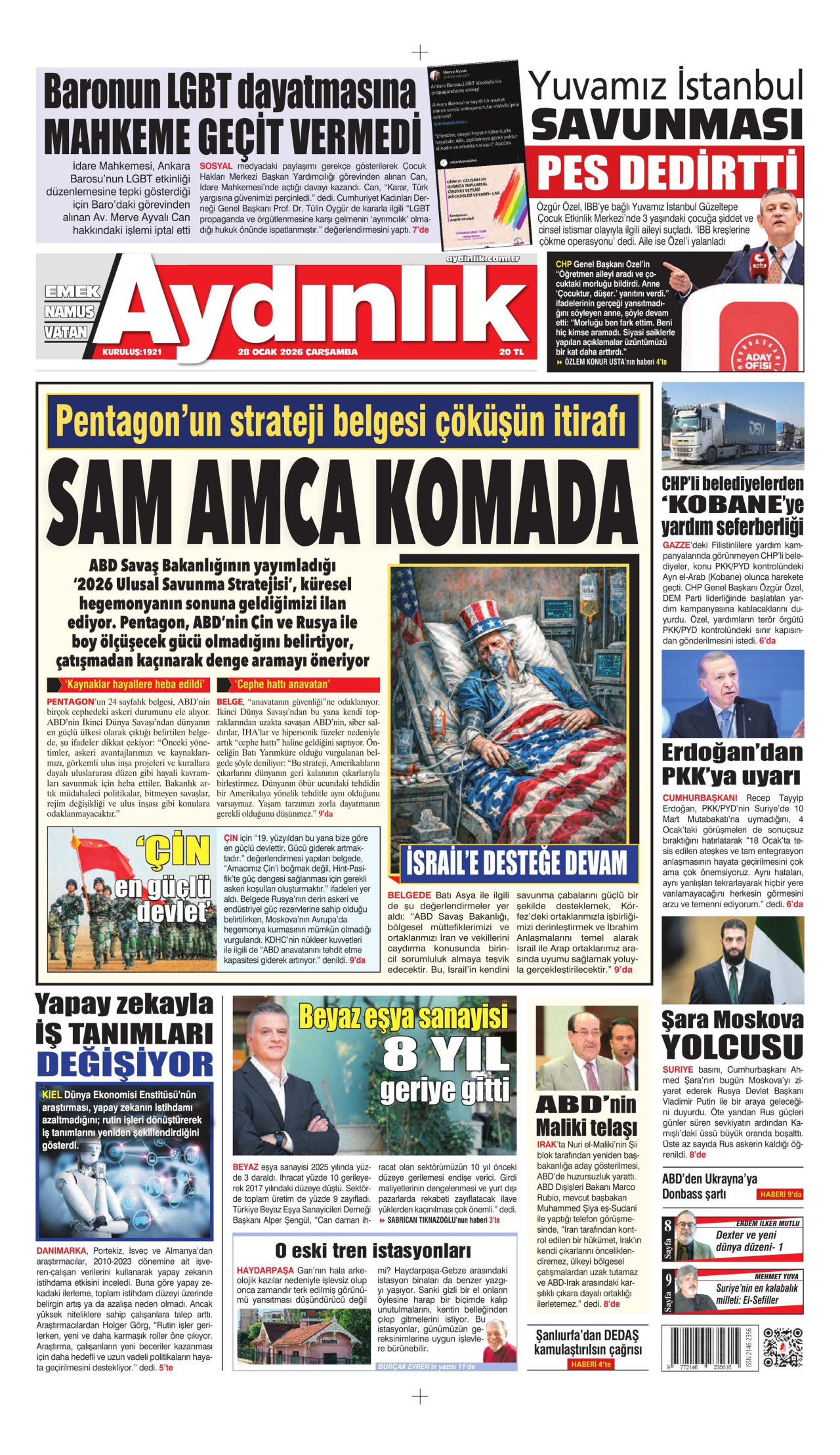 AYDINLIK GAZETESİ gazetesinin 28 Ocak 2026 tarihli birinci sayfası