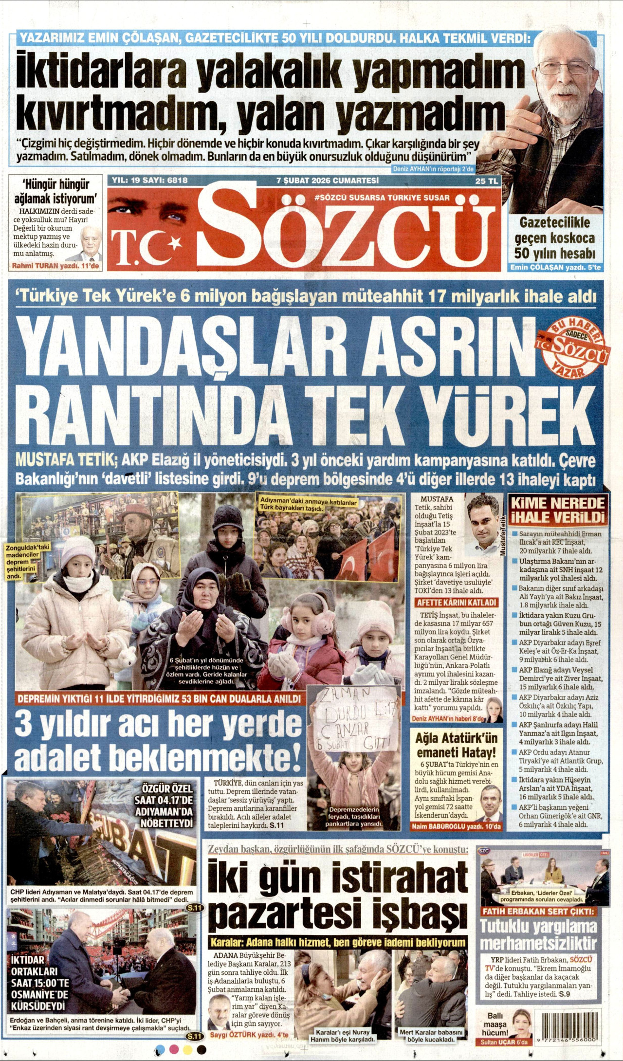 SÖZCÜ gazetesinin 7 Şubat 2026 tarihli birinci sayfası