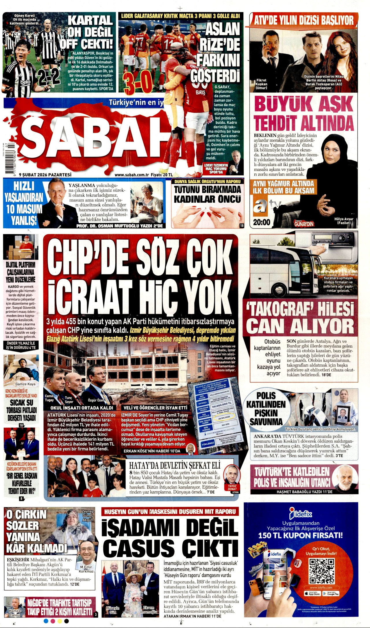 SABAH gazetesinin 9 Şubat 2026 tarihli birinci sayfası