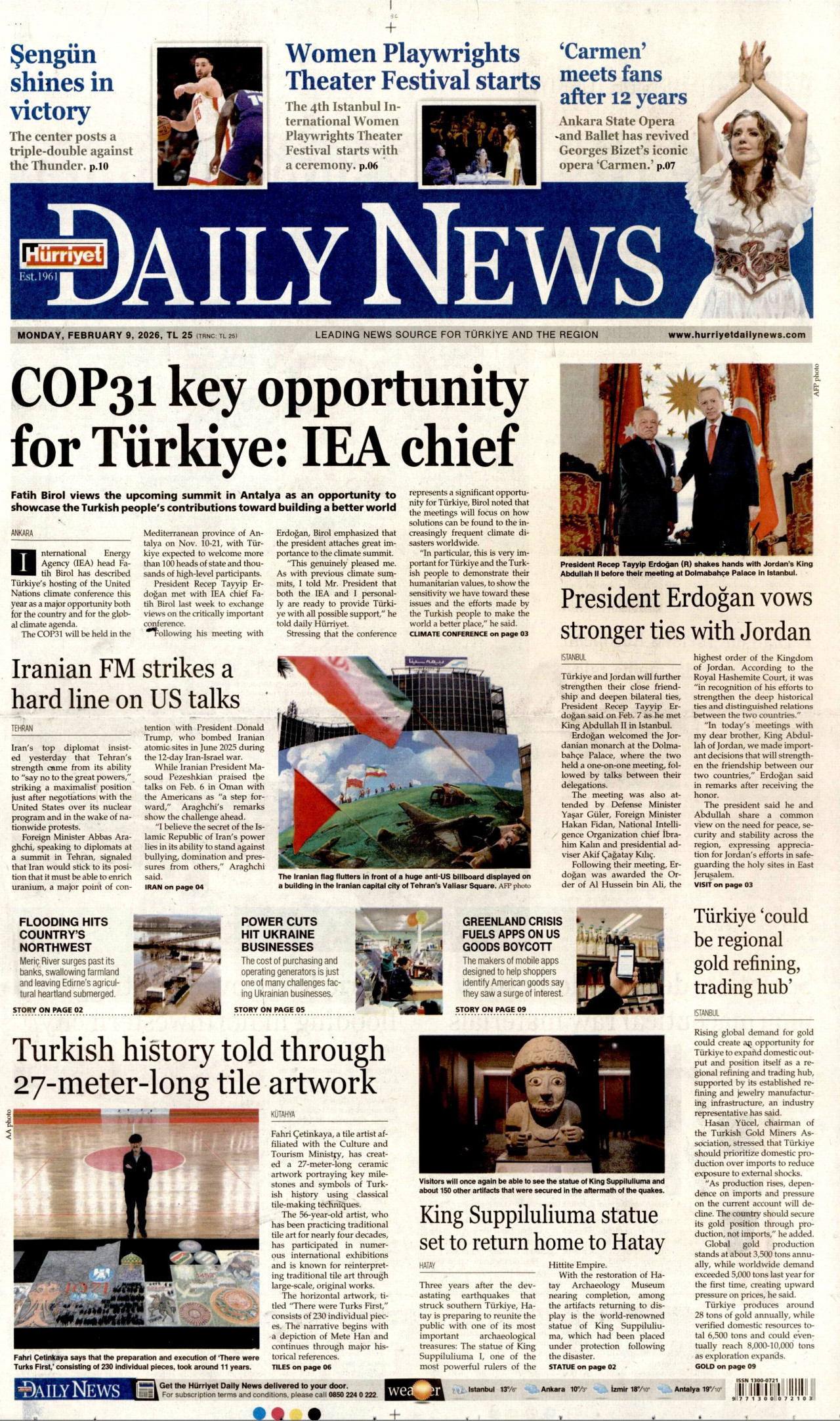HÜRRİYET DAİLY NEWS gazetesinin 9 Şubat 2026 tarihli birinci sayfası