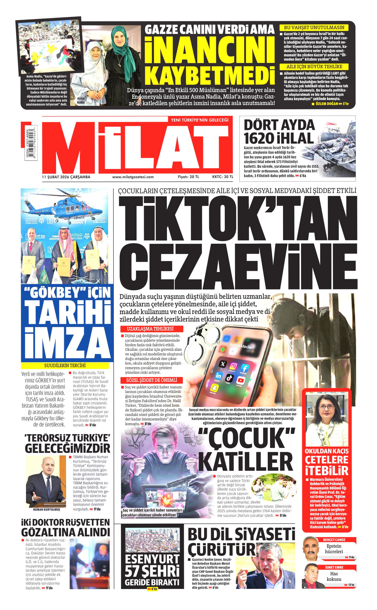 MİLAT gazetesinin 11 Şubat 2026 tarihli birinci sayfası