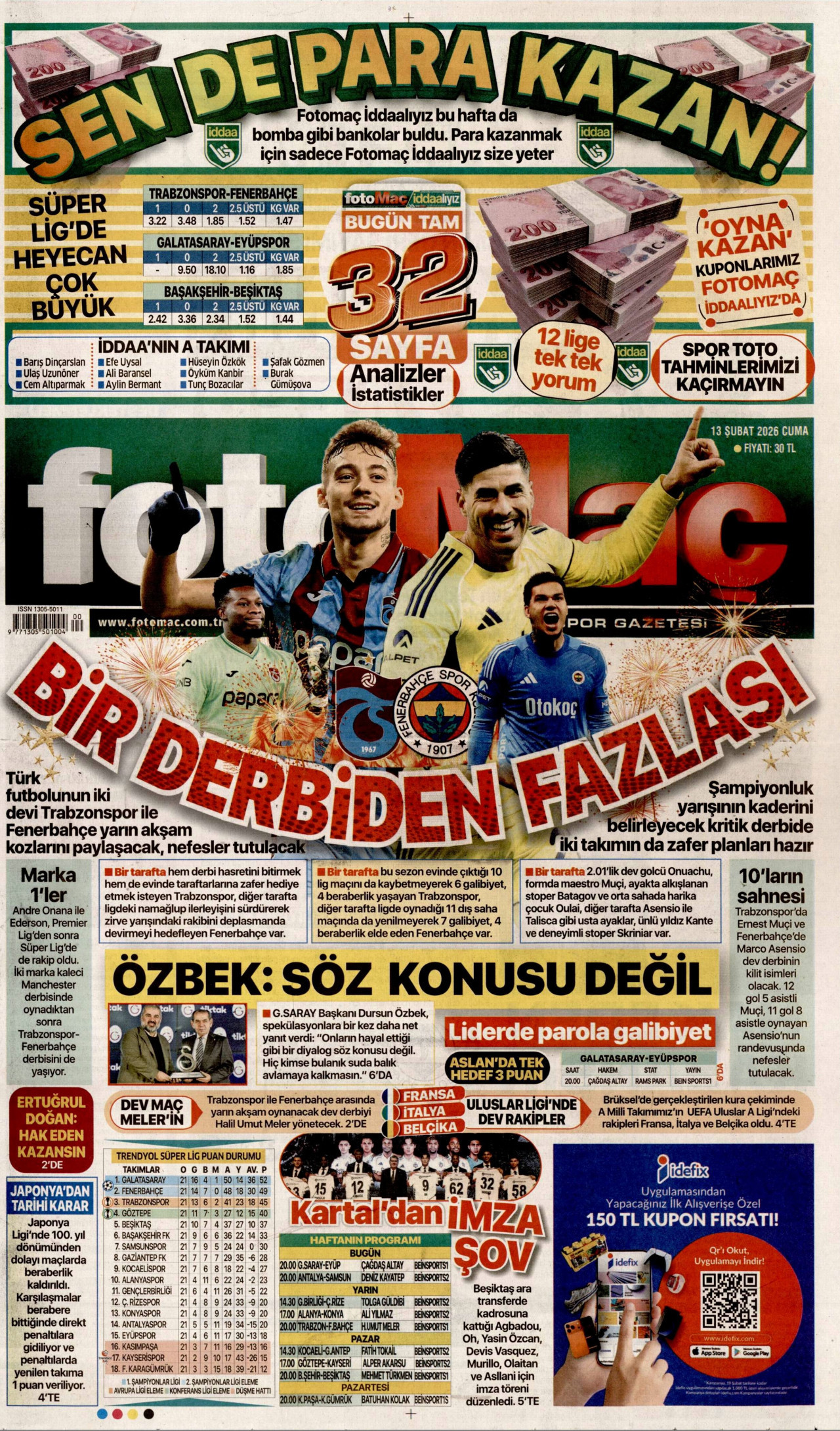 FOTOMAÇ gazetesinin 13 Şubat 2026 tarihli birinci sayfası