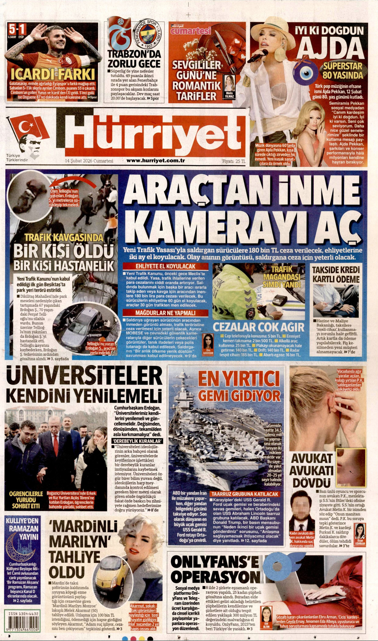 HÜRRİYET gazetesinin 14 Şubat 2026 tarihli birinci sayfası