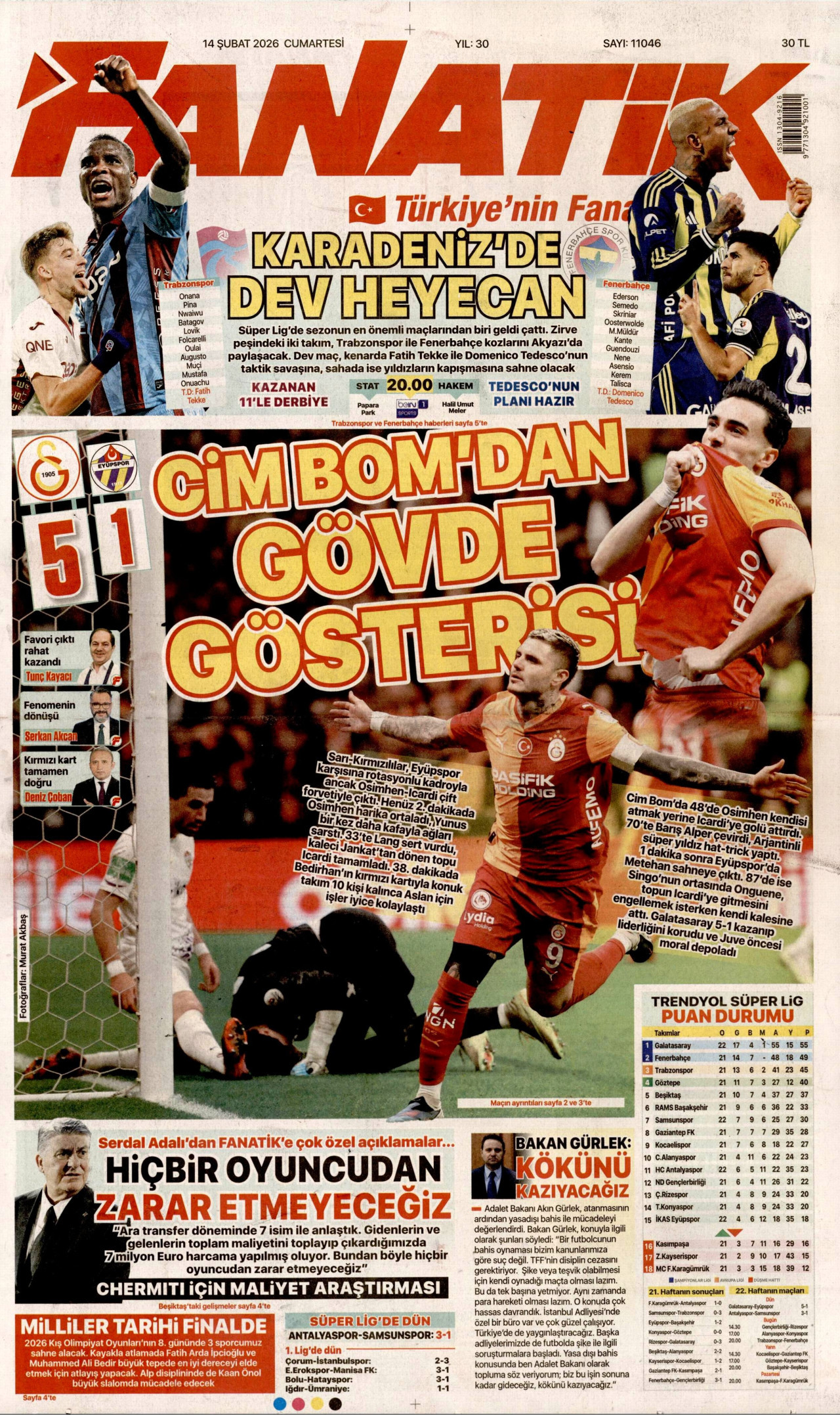 FANATİK gazetesinin 14 Şubat 2026 tarihli birinci sayfası