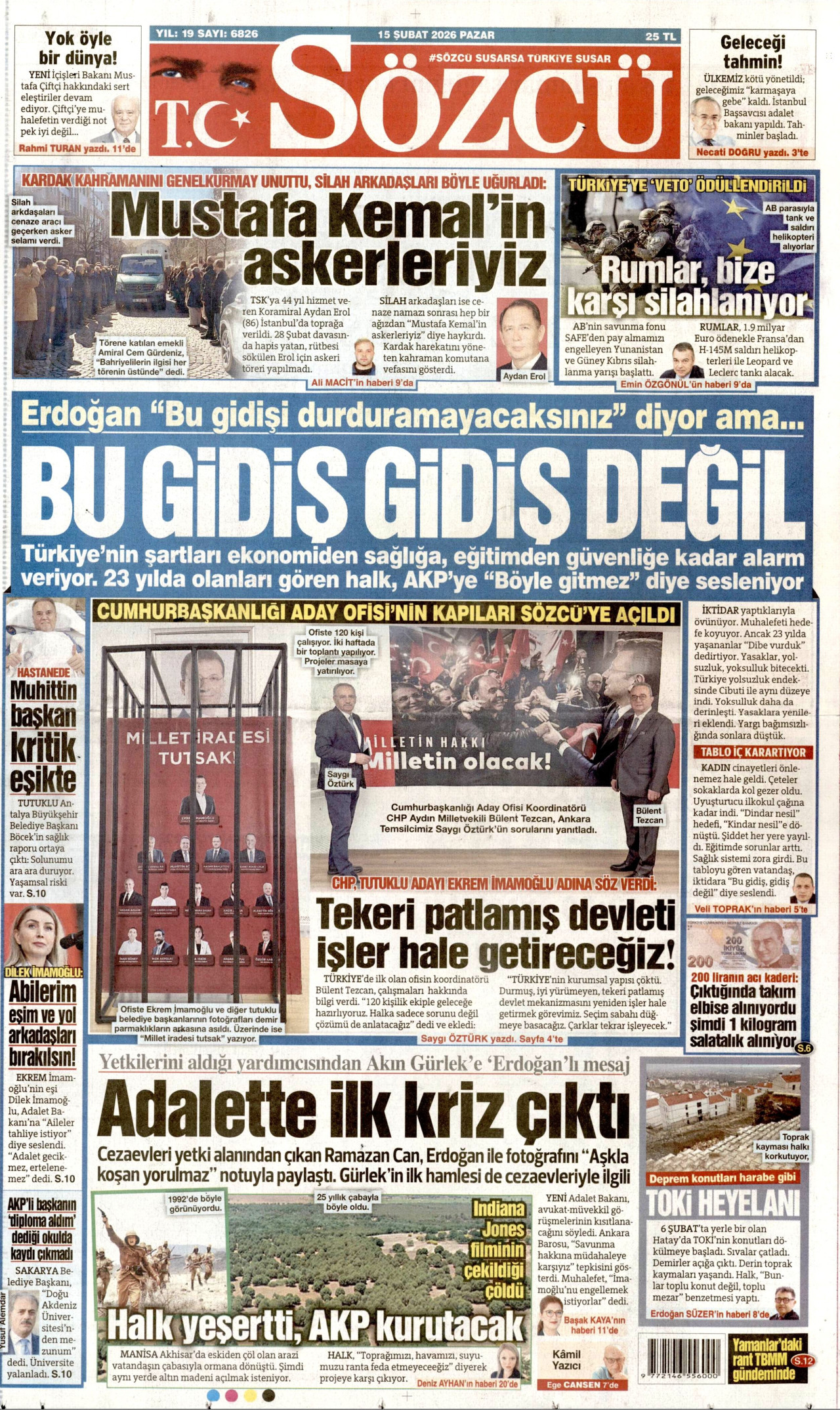 SÖZCÜ gazetesinin 15 Şubat 2026 tarihli birinci sayfası