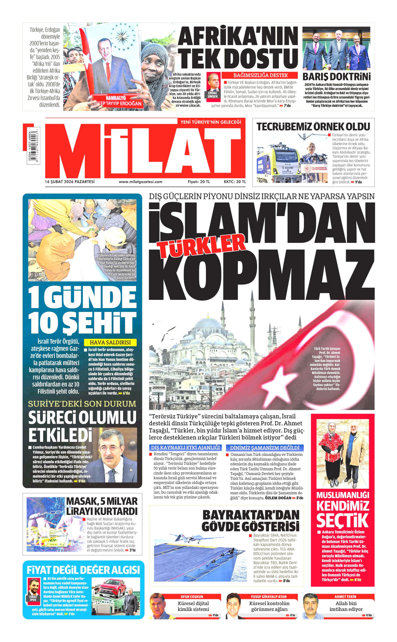 MİLAT gazetesinin 16 Şubat 2026 tarihli birinci sayfası