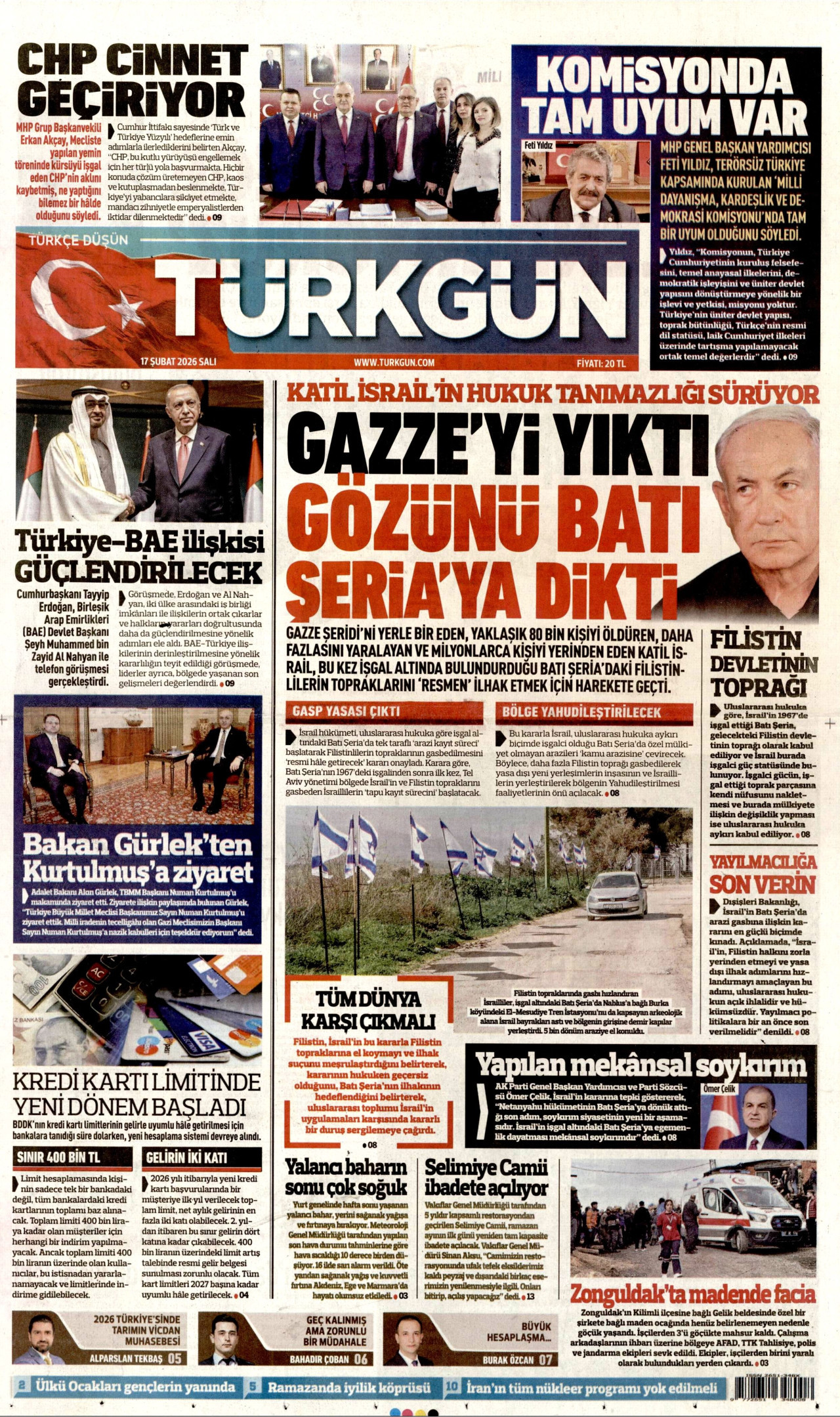TÜRKGÜN gazetesinin 17 Şubat 2026 tarihli birinci sayfası