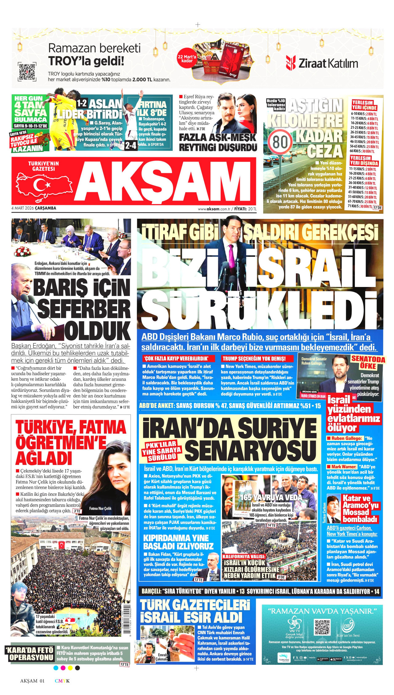 AKŞAM gazetesinin 4 Mart 2026 tarihli birinci sayfası