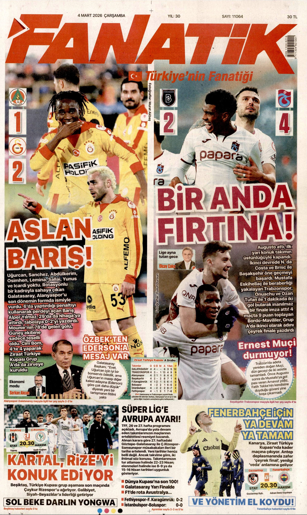 FANATİK gazetesinin 4 Mart 2026 tarihli birinci sayfası