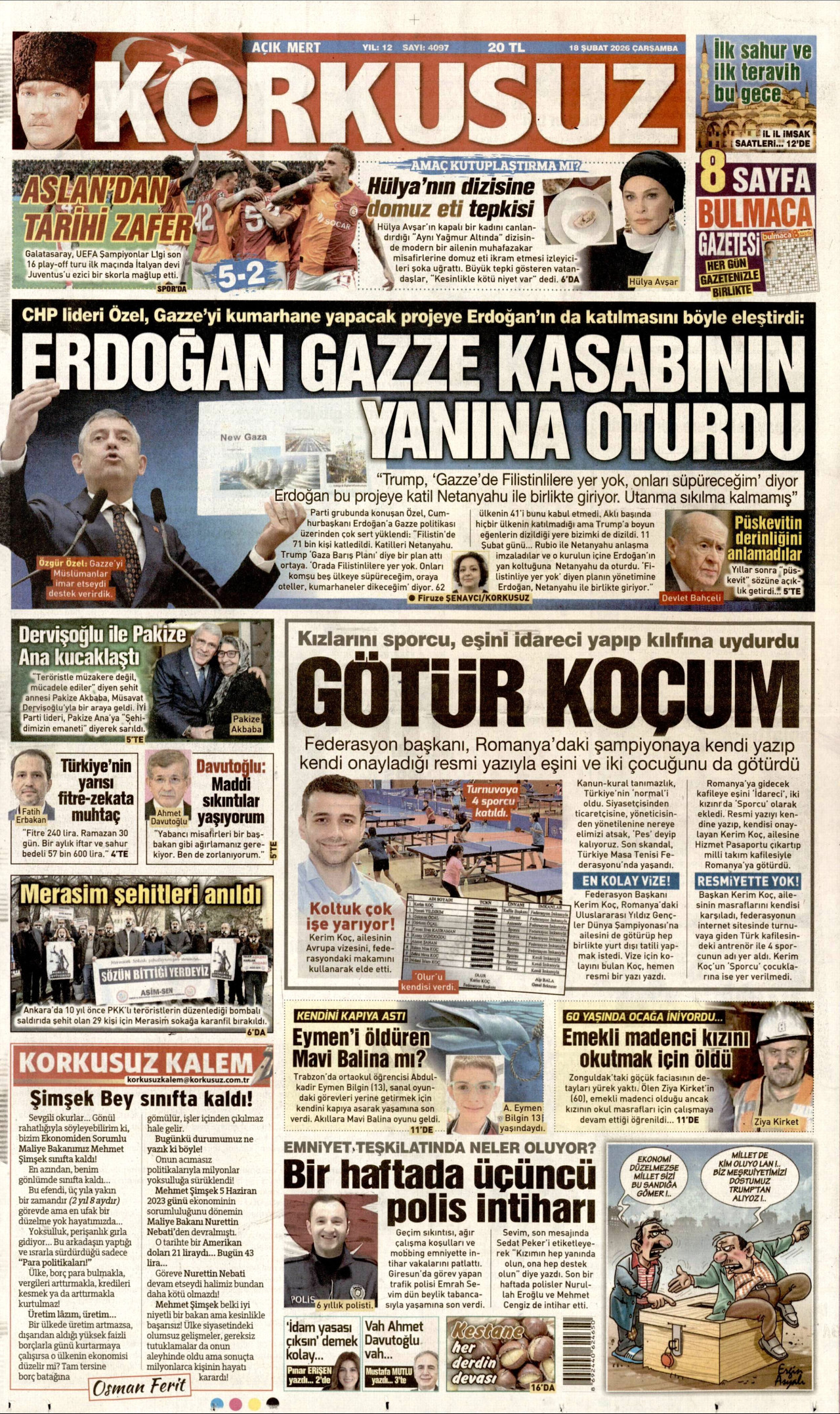 KORKUSUZ gazetesinin 18 Şubat 2026 tarihli birinci sayfası